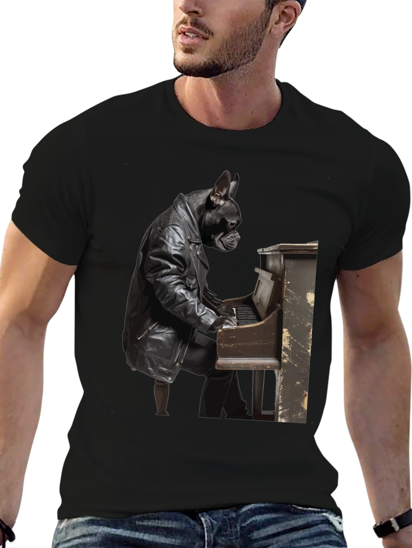 Dog Playing Piano Black T-Shirt