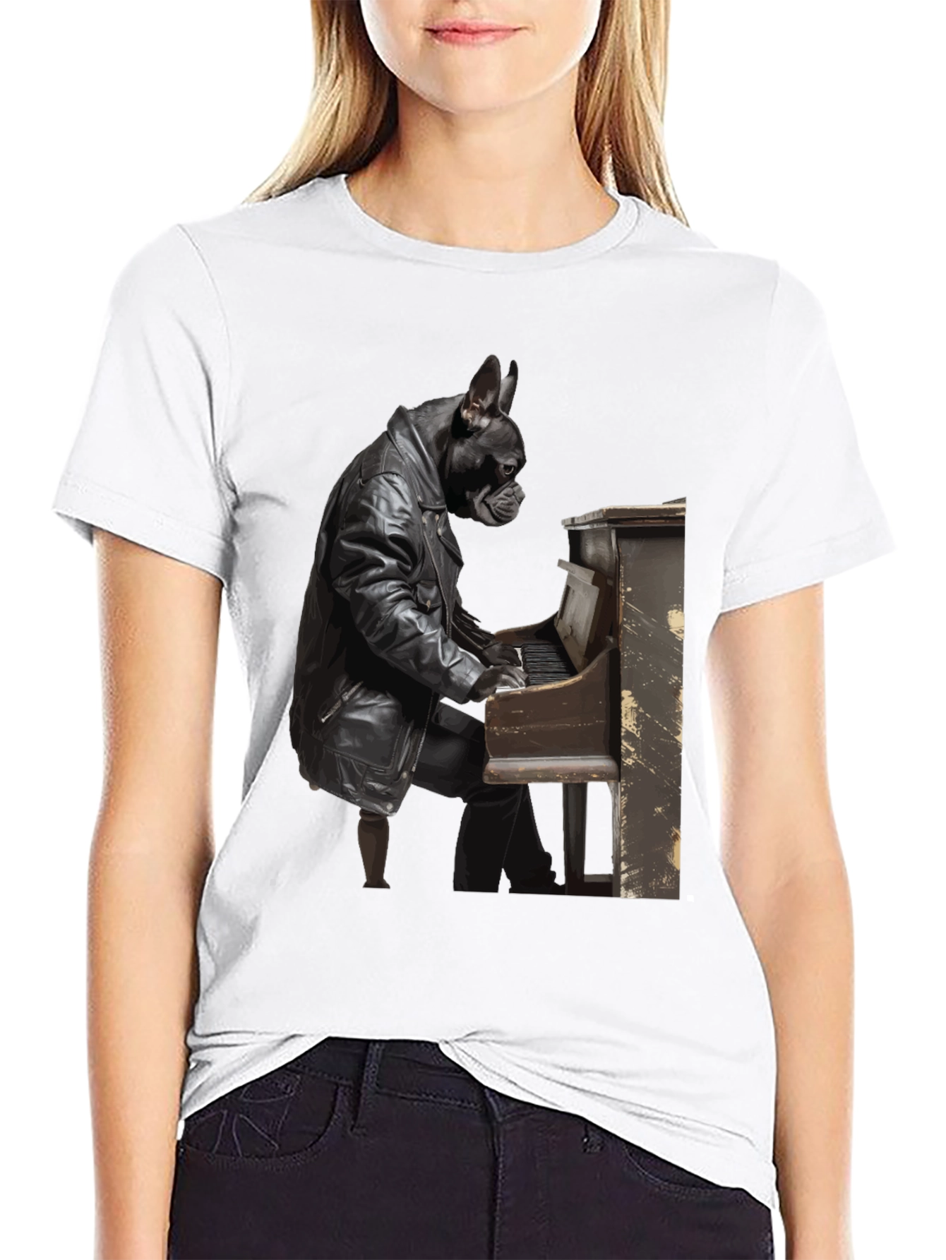 Dog Playing Piano Black T-Shirt