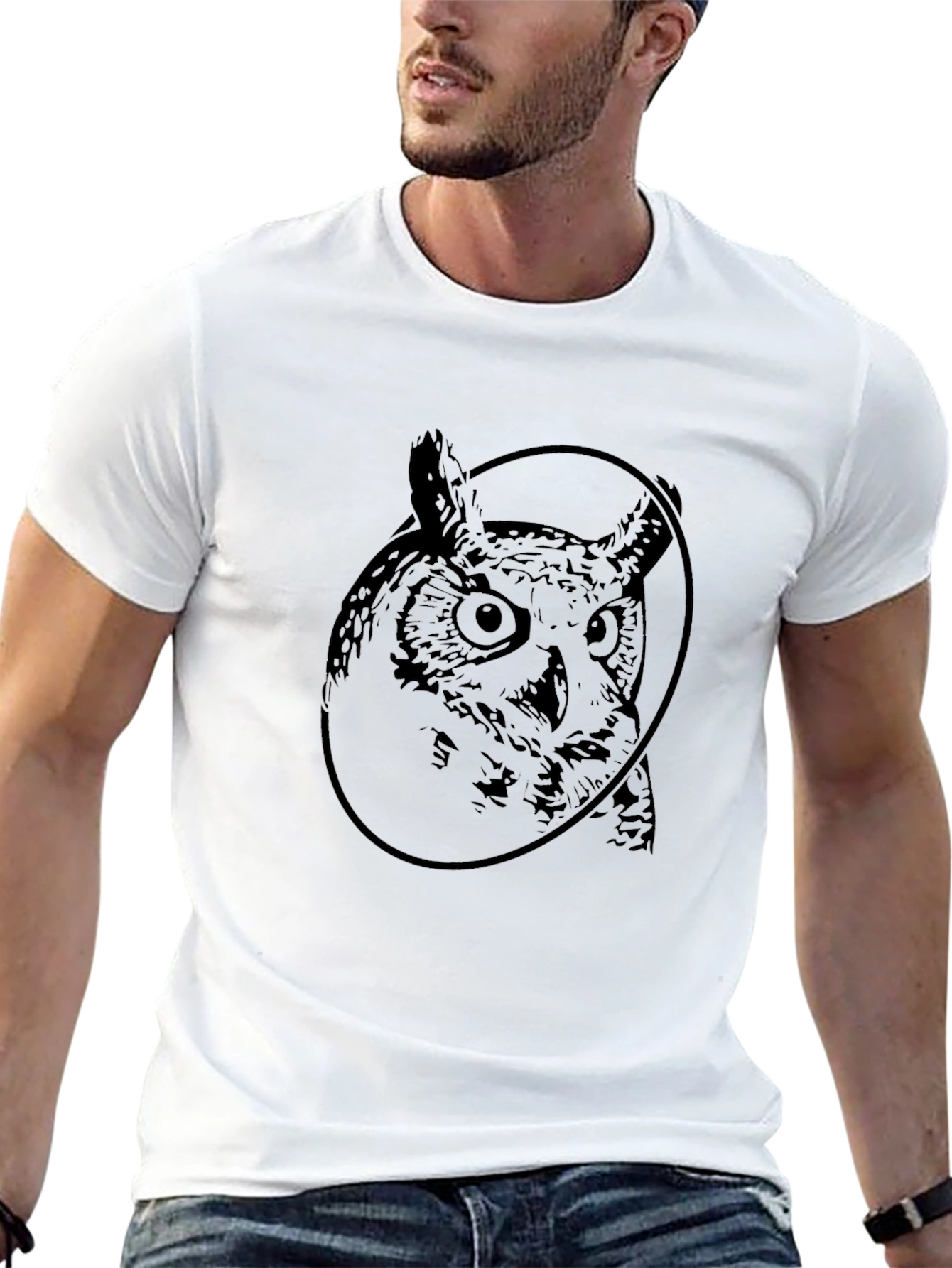 Owl Graphic Print Crew Neck Black T-Shirt