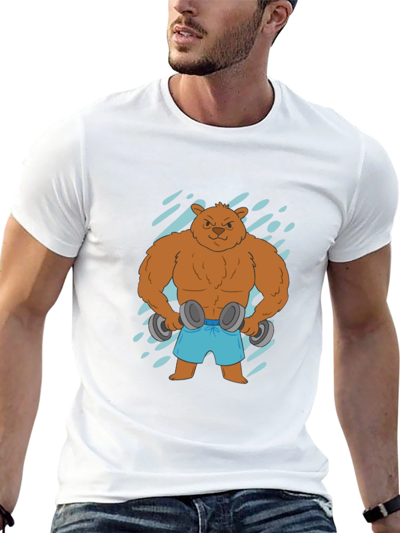 Workout Bear Graphic Tee - Black Cotton T-Shirt