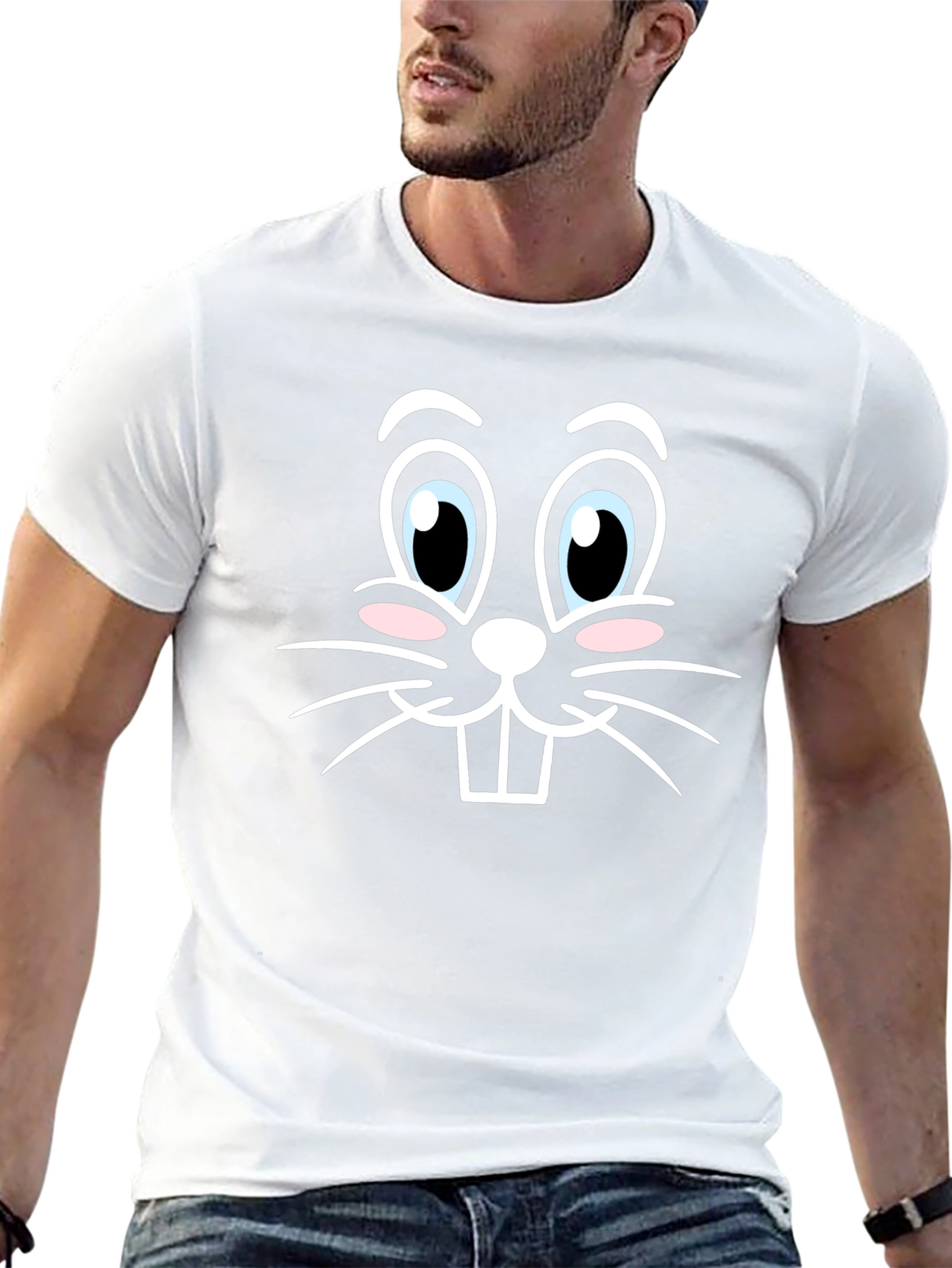 Cute Bunny Face Graphic Tee - Black Cotton T-Shirt