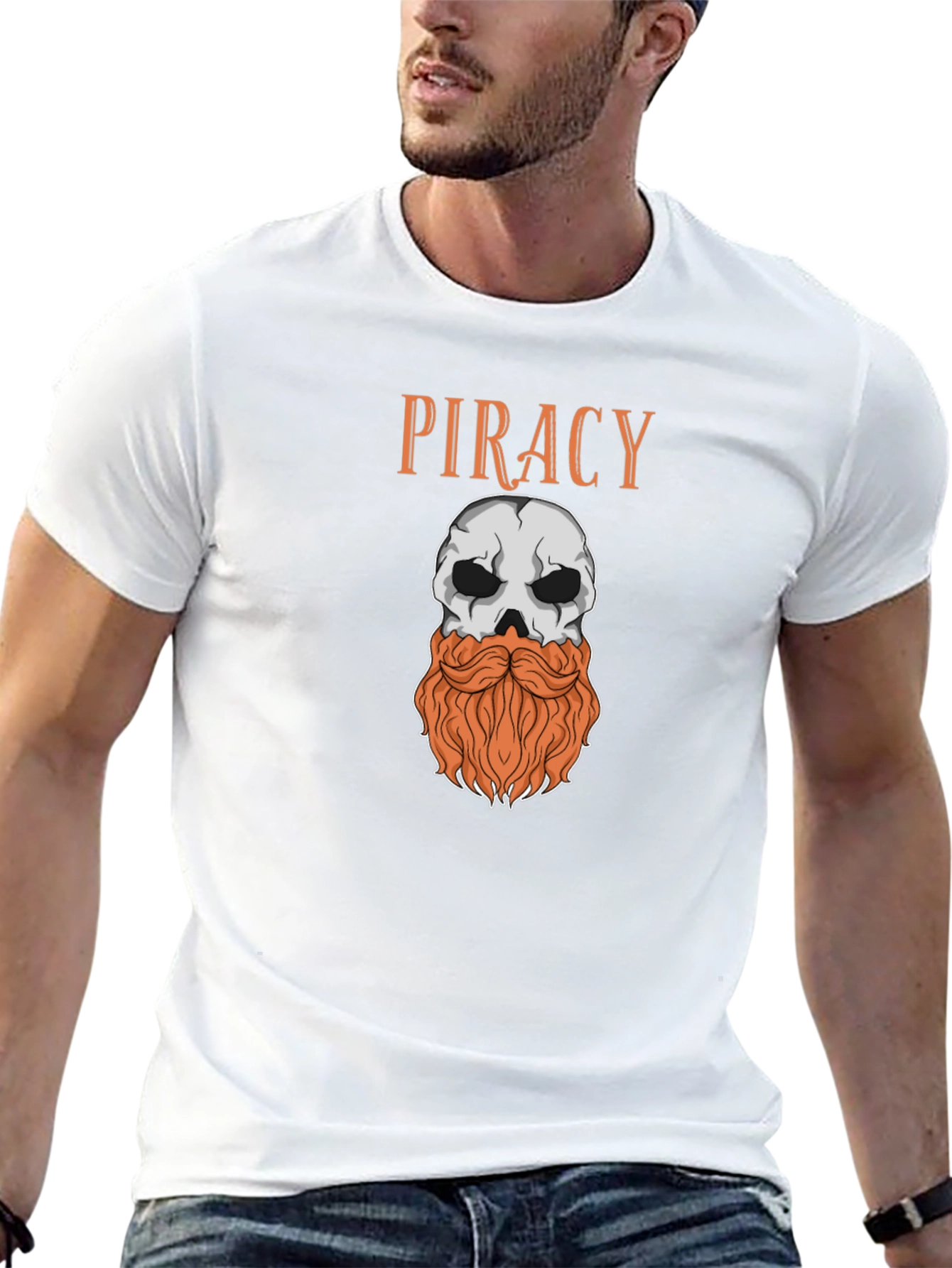 Piracy Skull T-Shirt - Bearded Pirate Graphic Tee