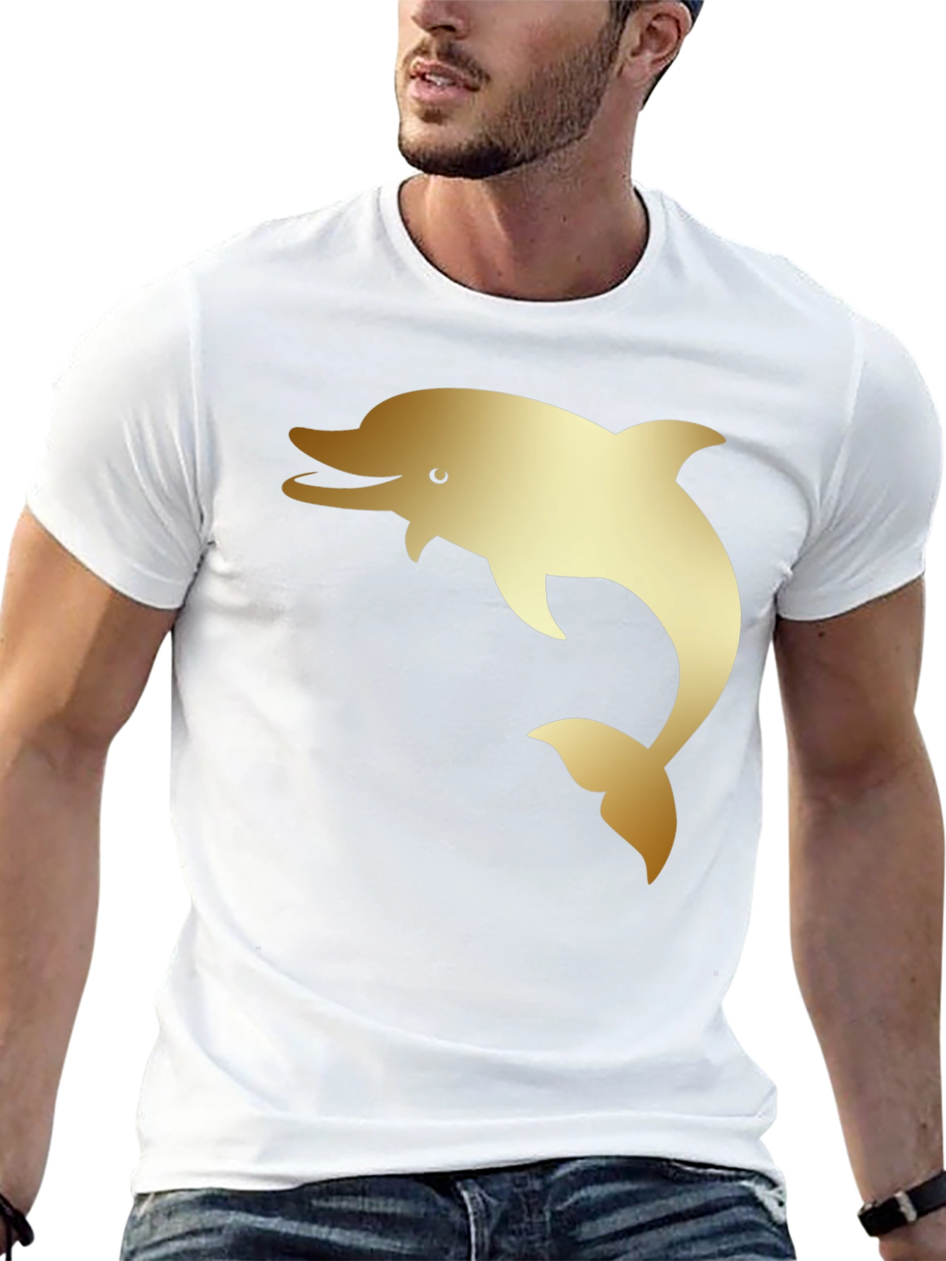Mens Black T-Shirt with Golden Dolphin Print