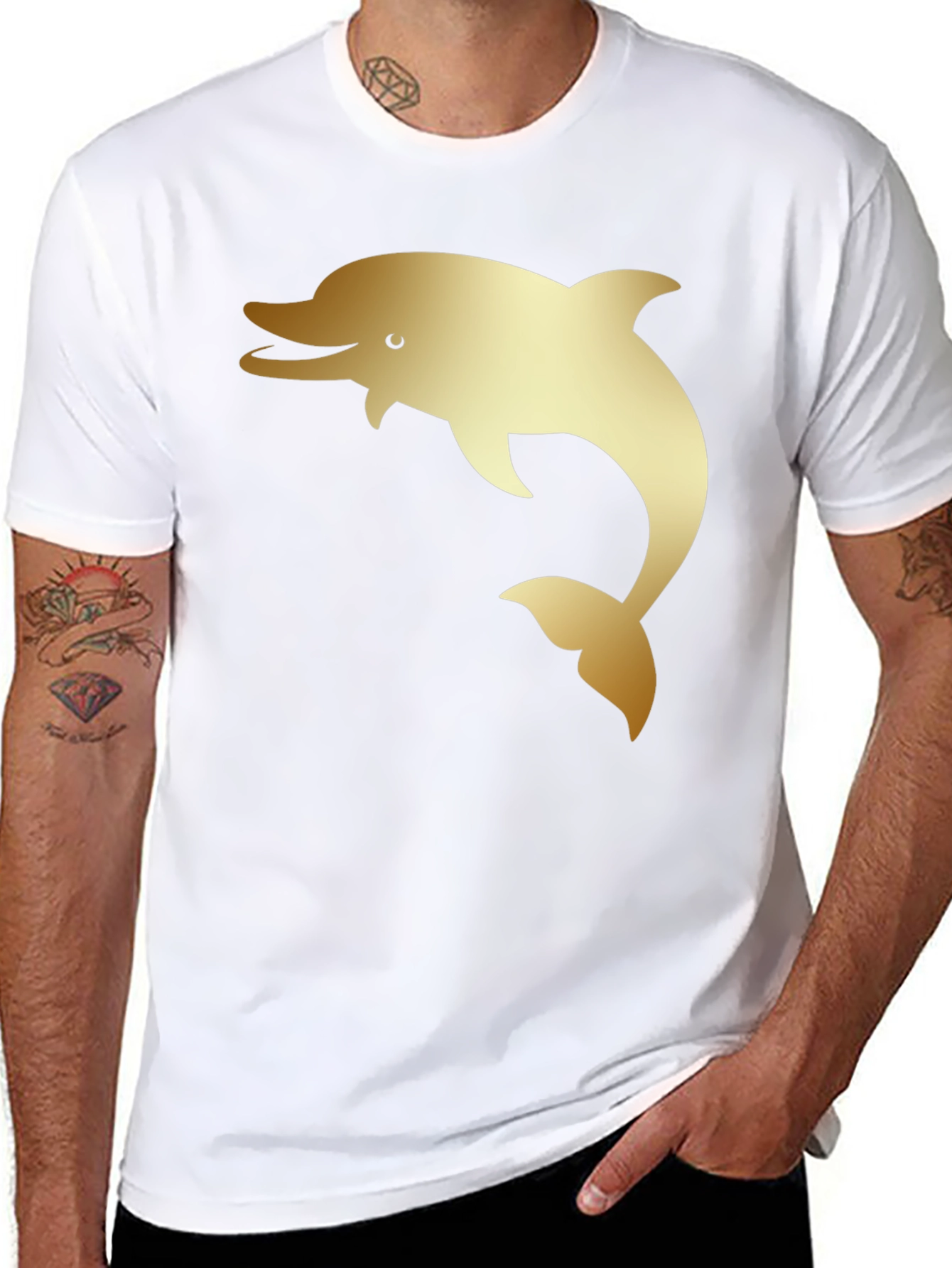 Mens Black T-Shirt with Golden Dolphin Print