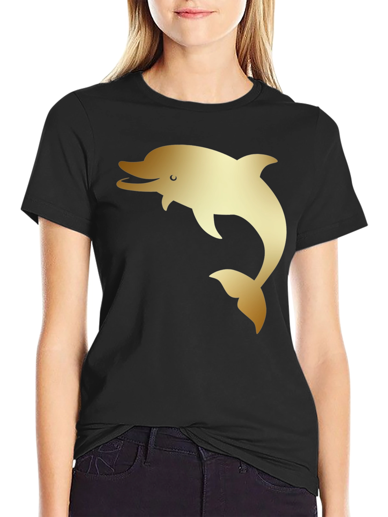 Mens Black T-Shirt with Golden Dolphin Print