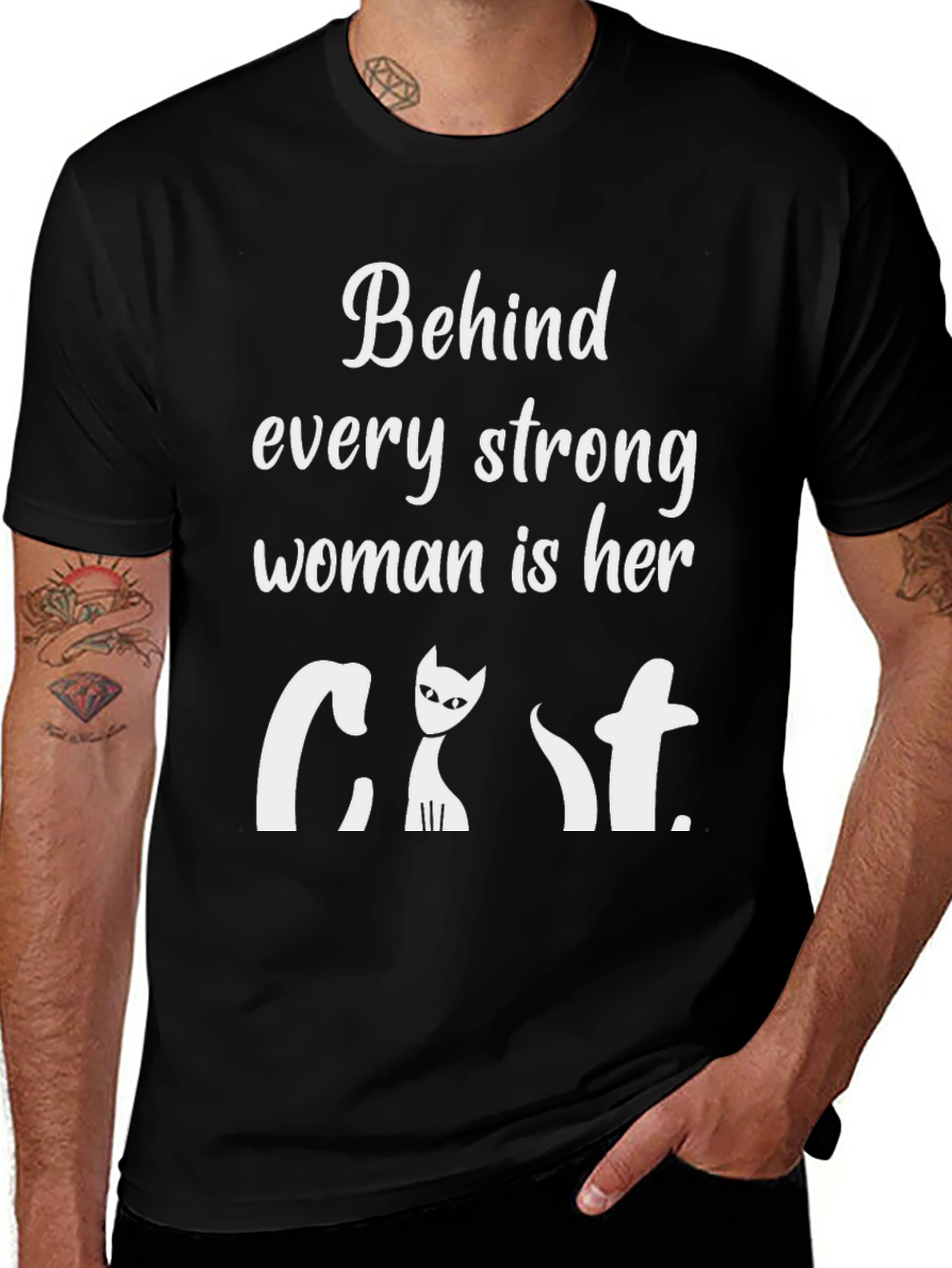 Strong Woman Cat T-Shirt - Black