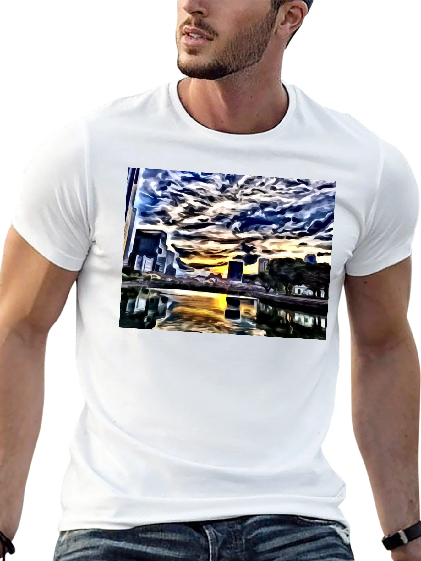 Cityscape Reflection Tee - Artistic Black T-Shirt