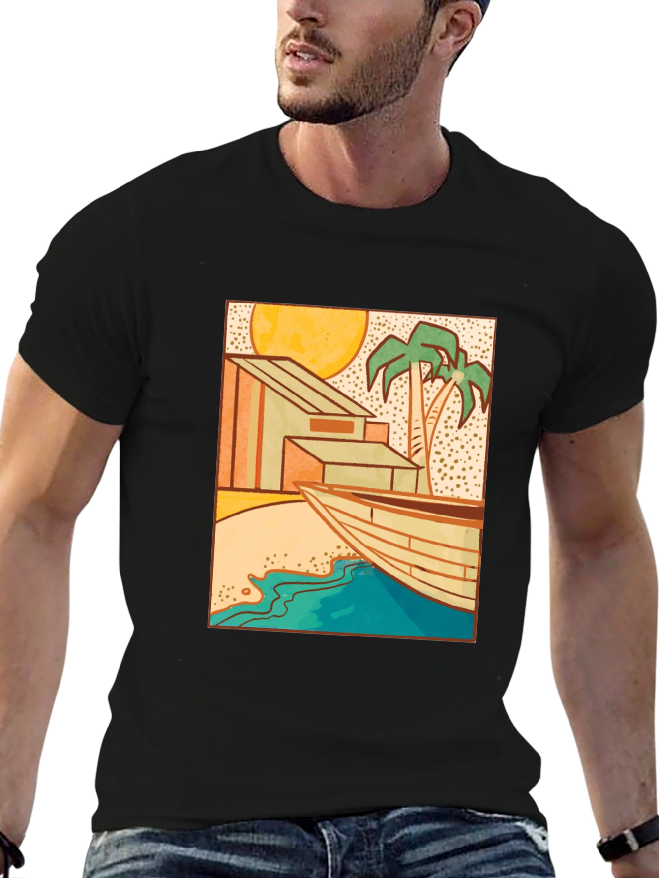 Beach House Graphic Black T-Shirt