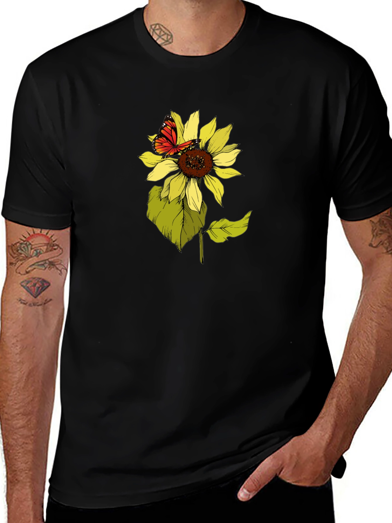 Sunflower & Butterfly Graphic Tee - Black
