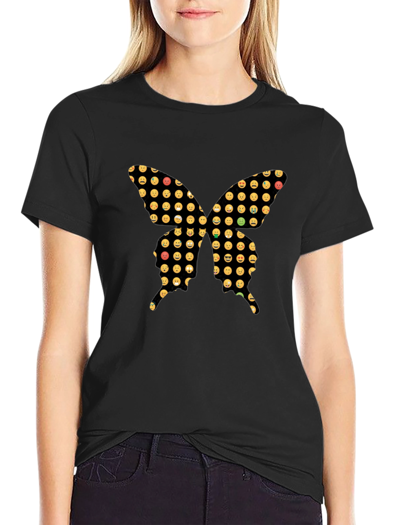 Emoji Butterfly Graphic Black T-Shirt