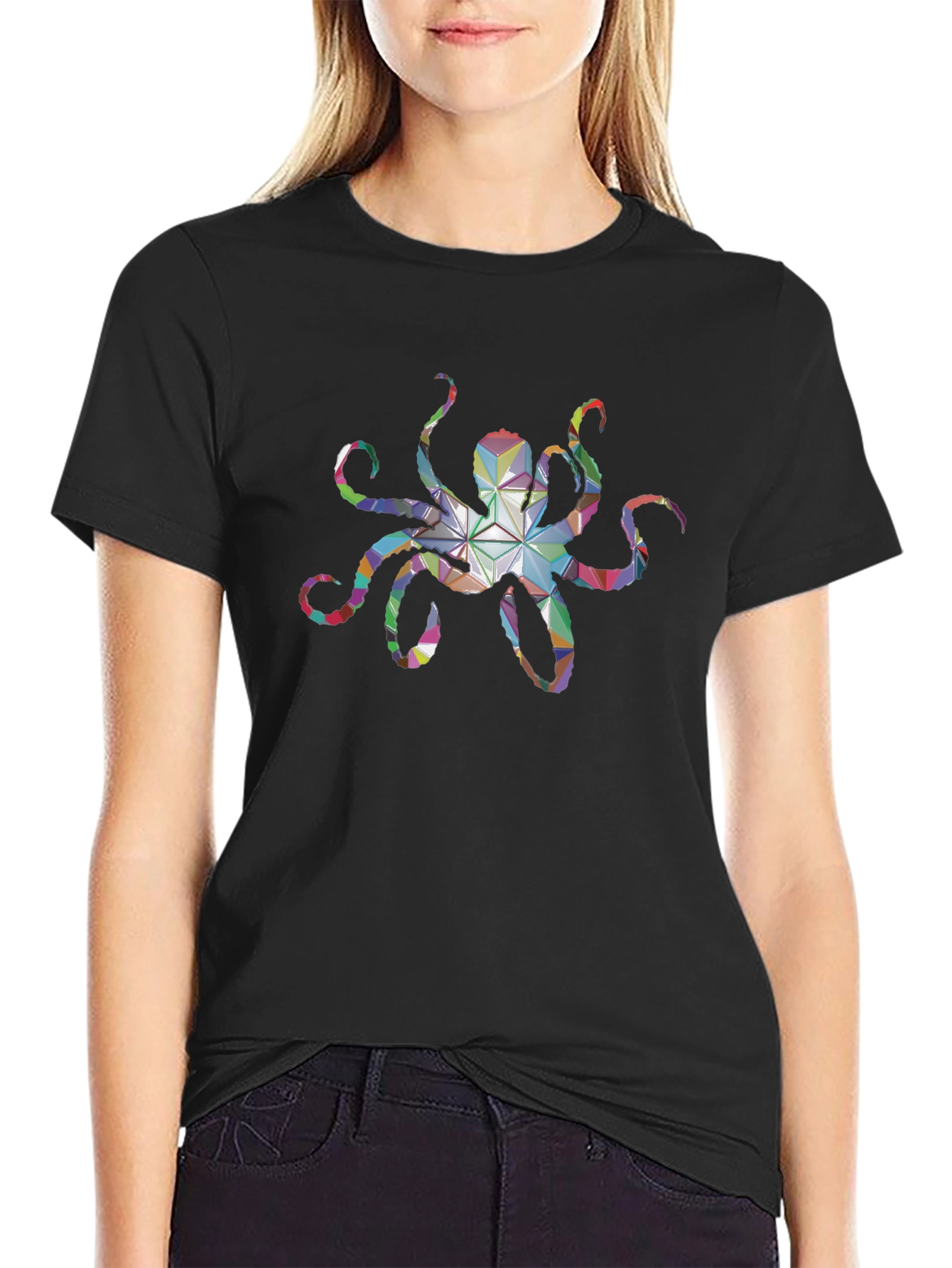 Geometric Octopus Graphic Tee - Black
