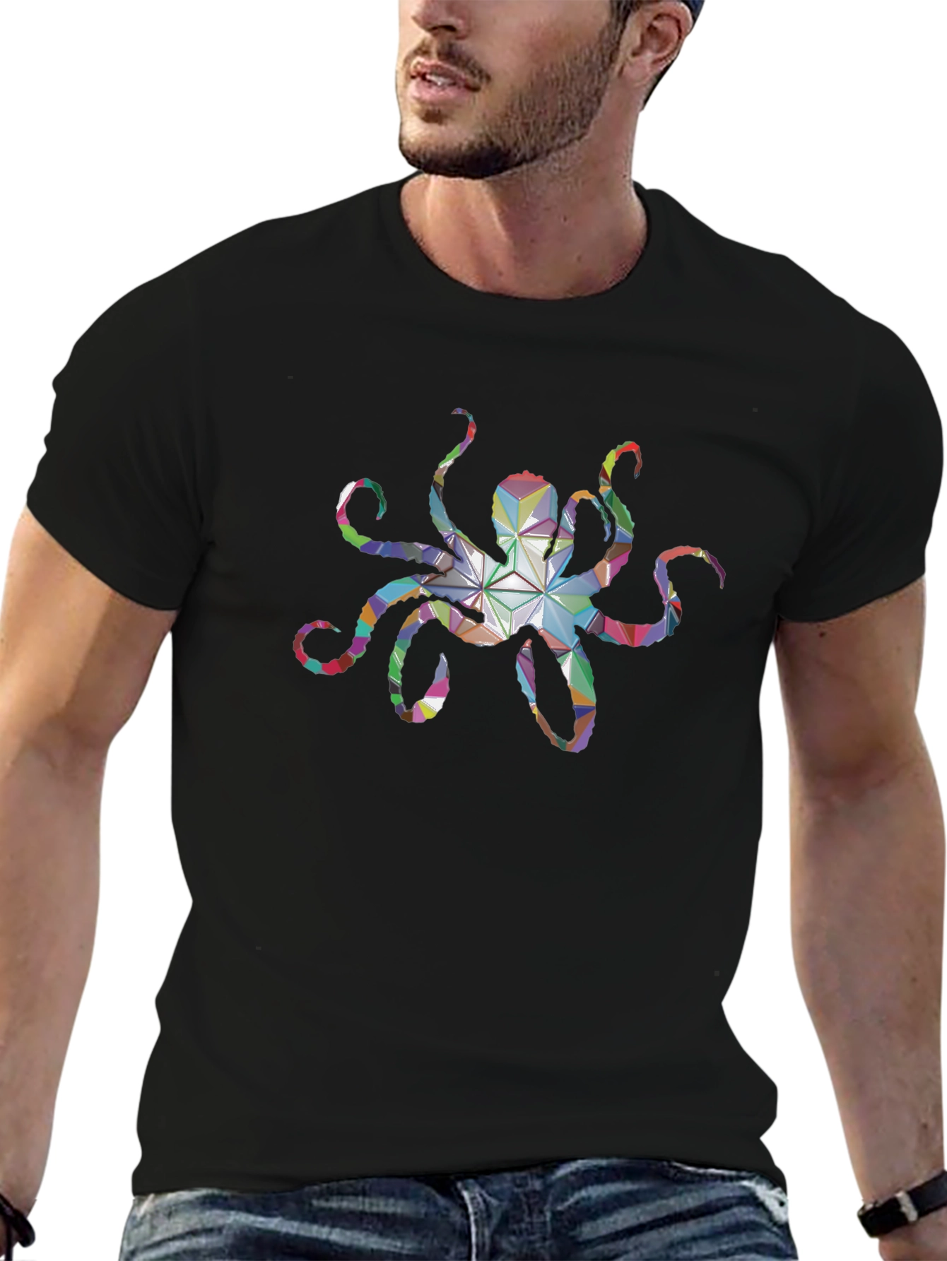 Geometric Octopus Graphic Tee - Black