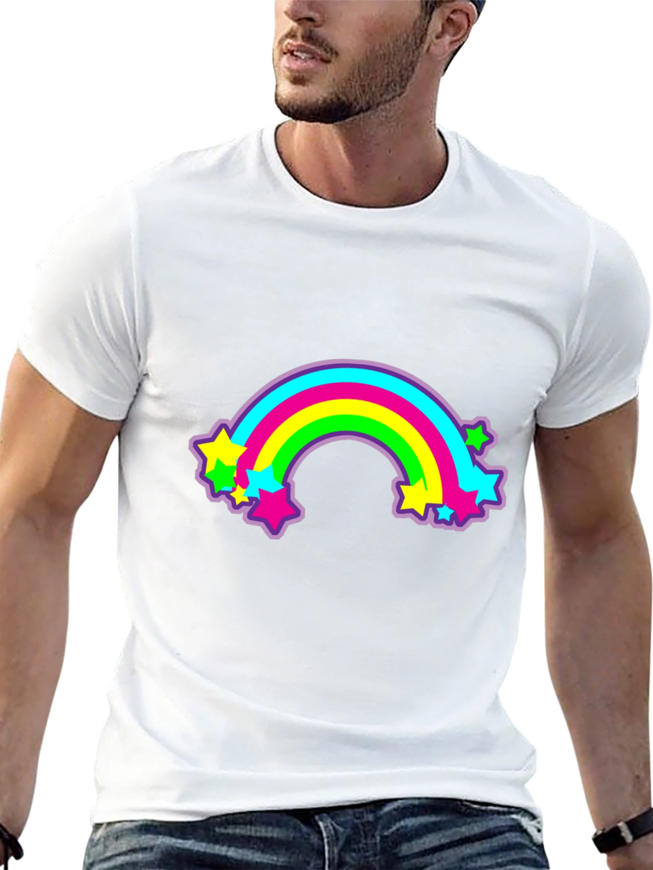 Retro Rainbow Stars Graphic Tee - Black