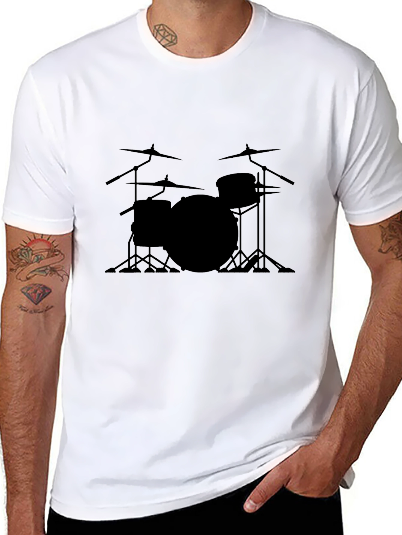 Drum Set Graphic Tee - Black Crew Neck T-Shirt