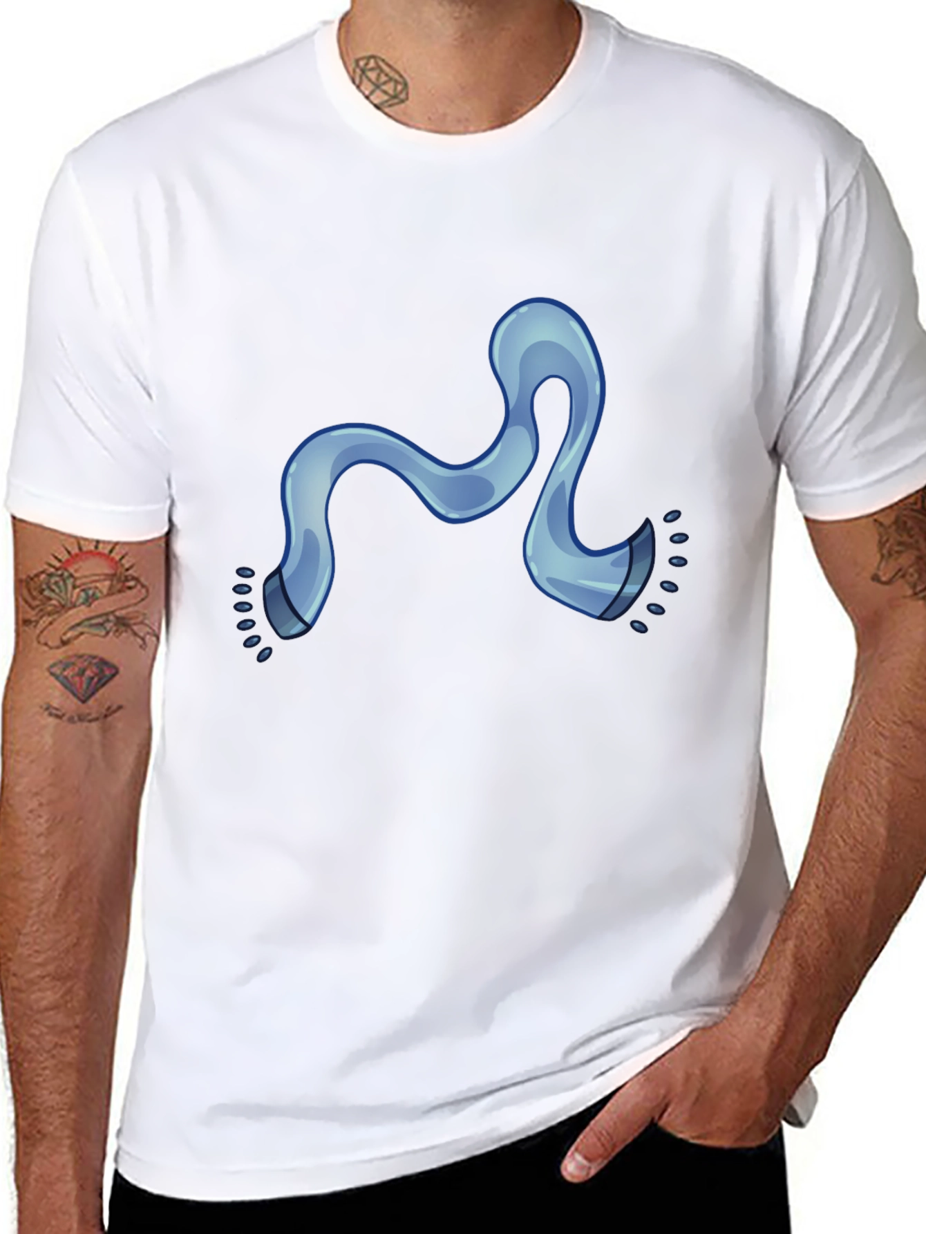 Modern Black Tee with Cartoon Blue Scarf Graphic