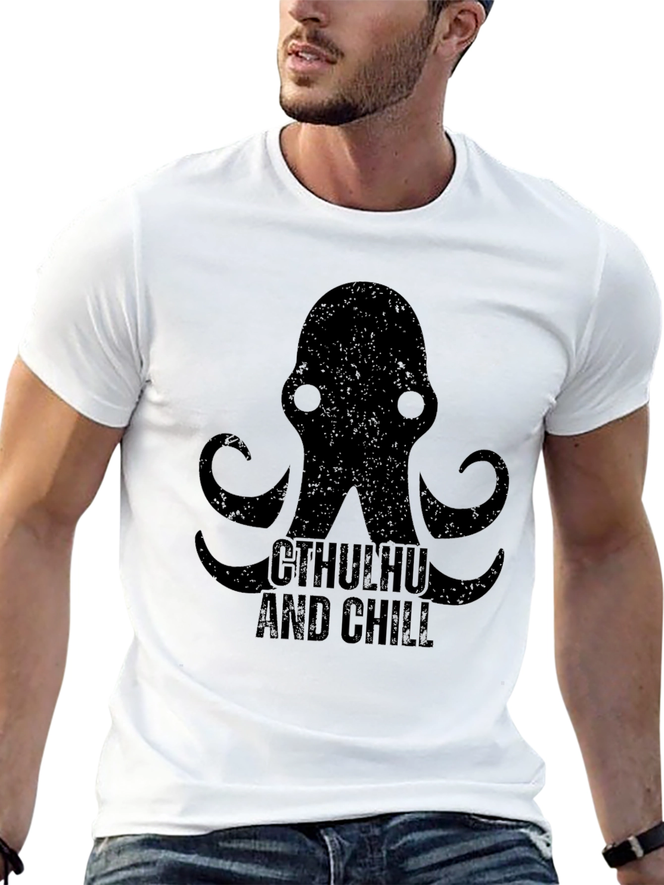 Cthulhu and Chill Graphic Print Black T-Shirt