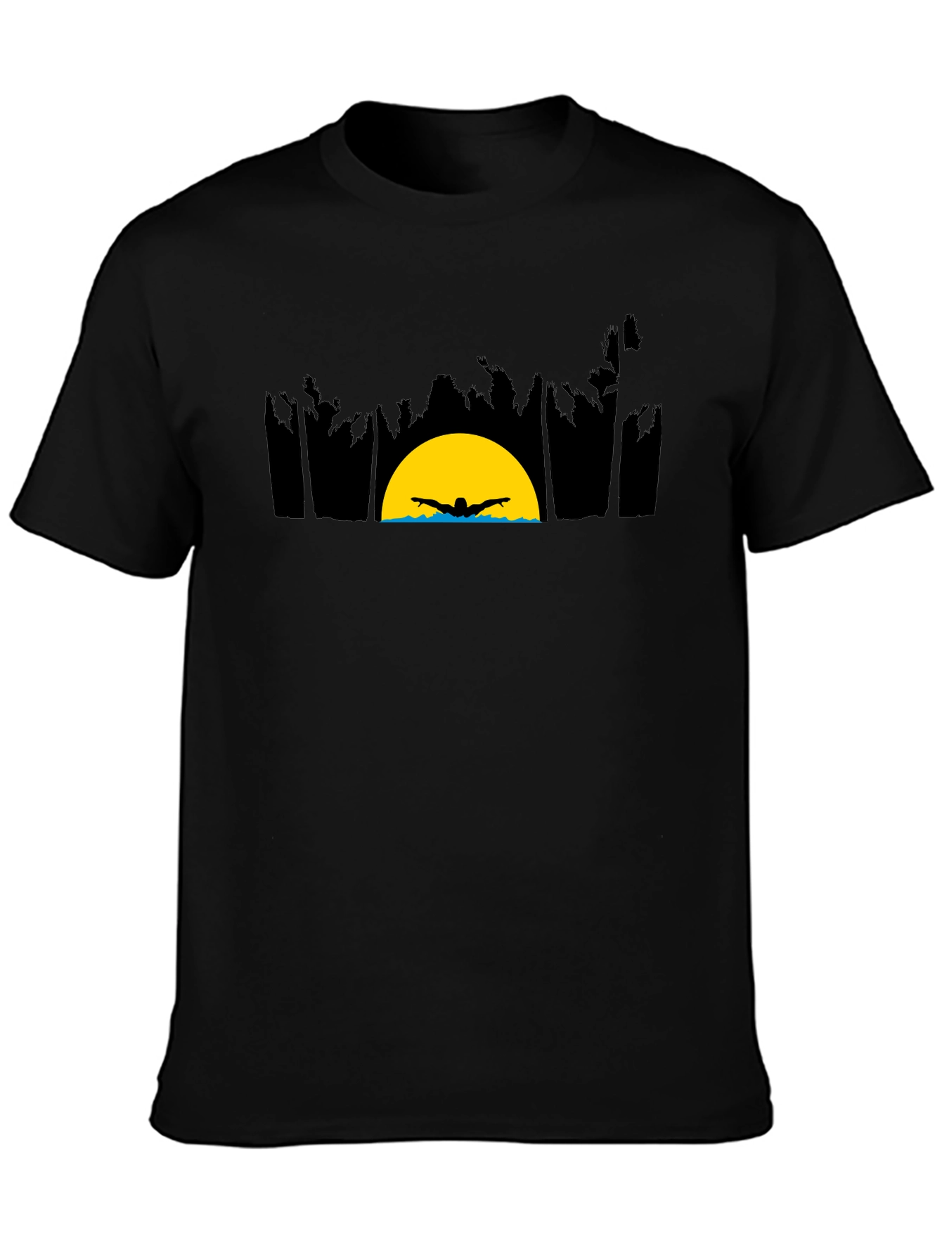 Sunset Swimmer Graphic Tee - Relaxed Fit Black T-Shirt