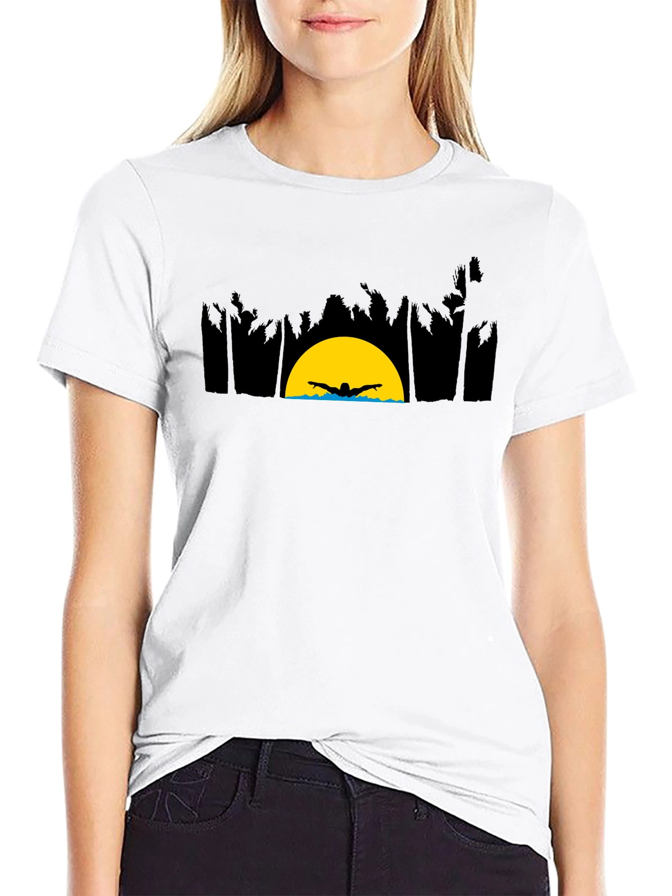 Sunset Swimmer Graphic Tee - Relaxed Fit Black T-Shirt