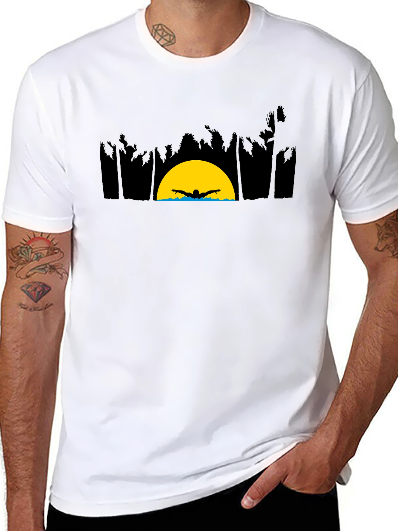 Sunset Swimmer Graphic Tee - Relaxed Fit Black T-Shirt