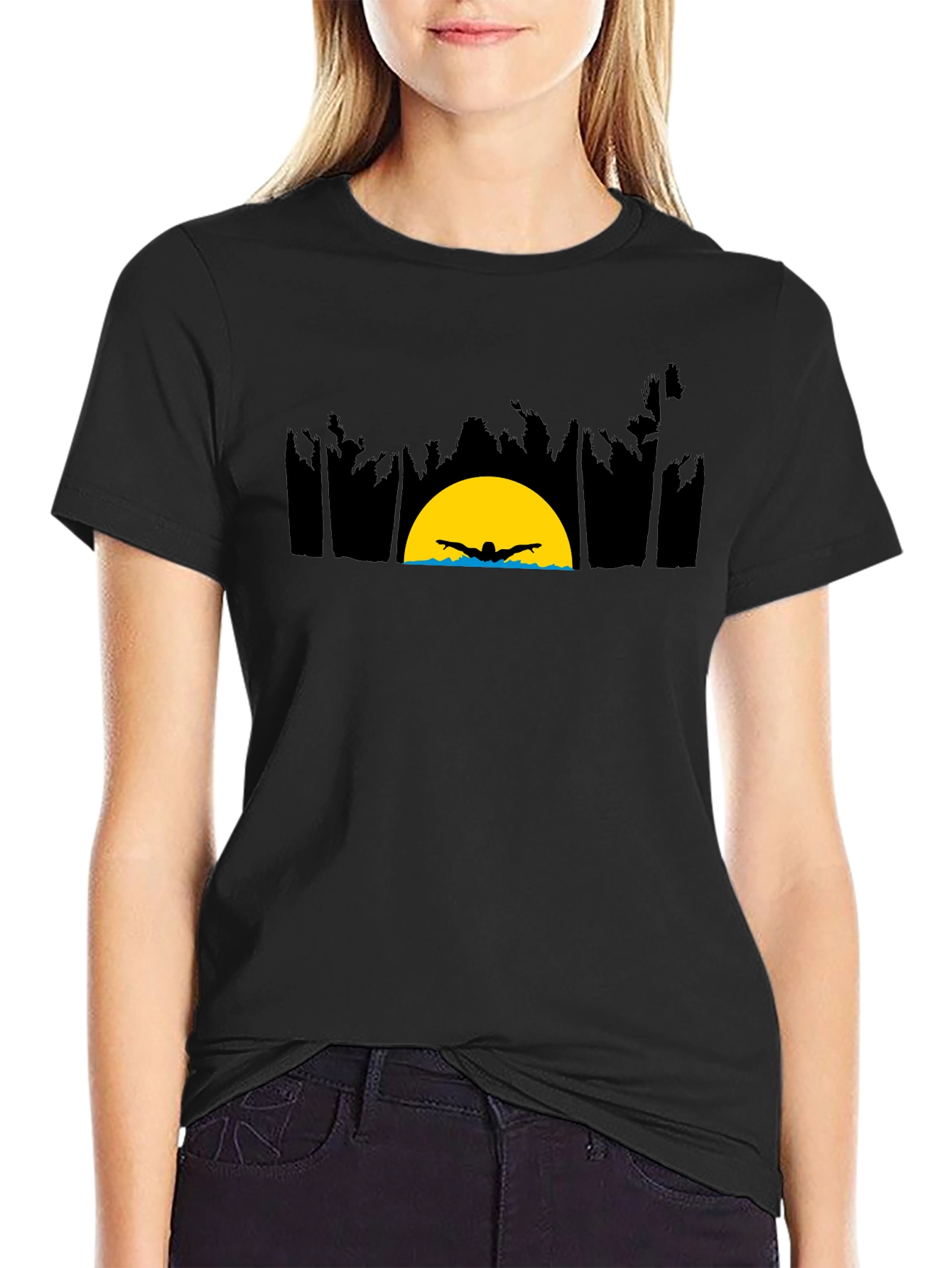 Sunset Swimmer Graphic Tee - Relaxed Fit Black T-Shirt