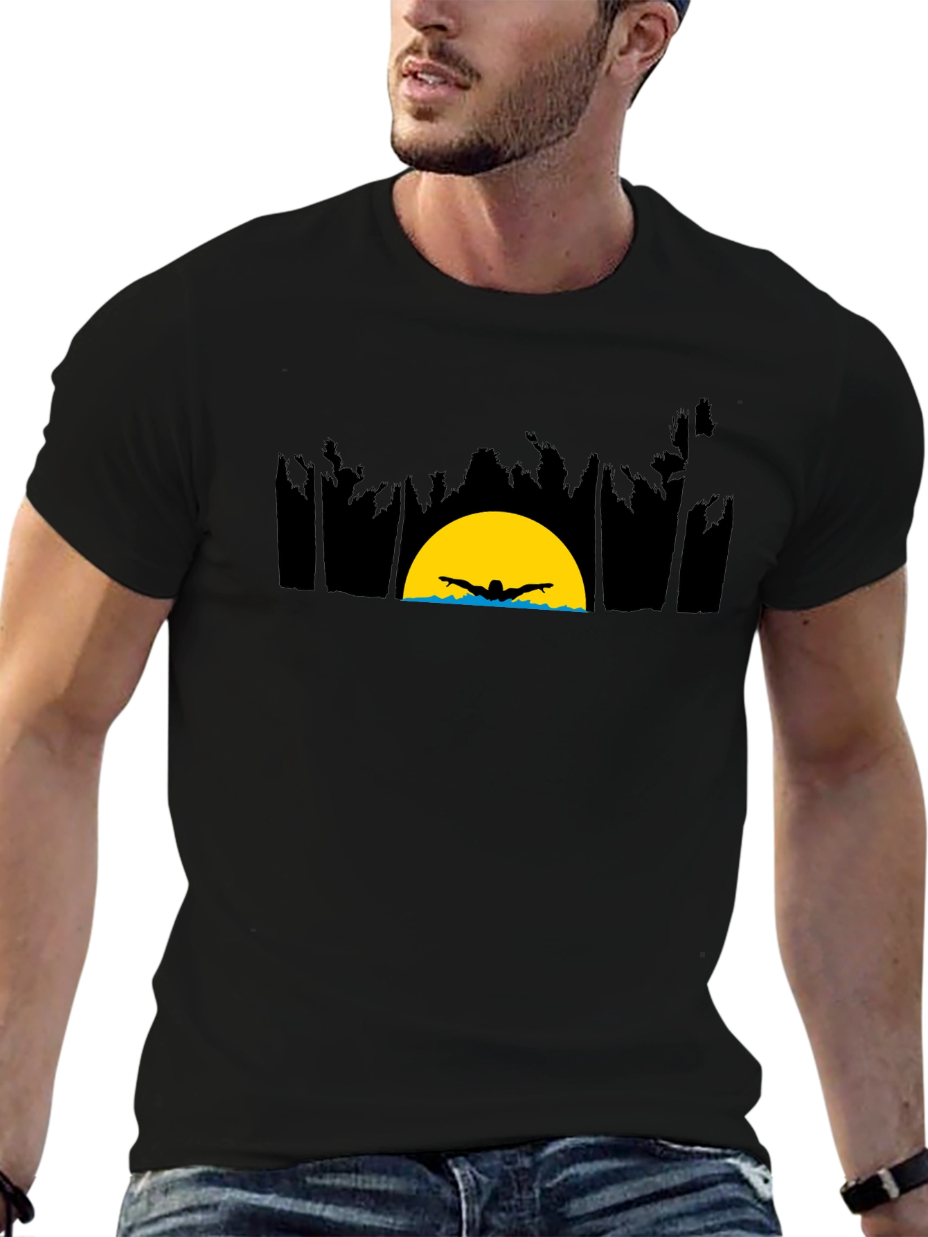 Sunset Swimmer Graphic Tee - Relaxed Fit Black T-Shirt