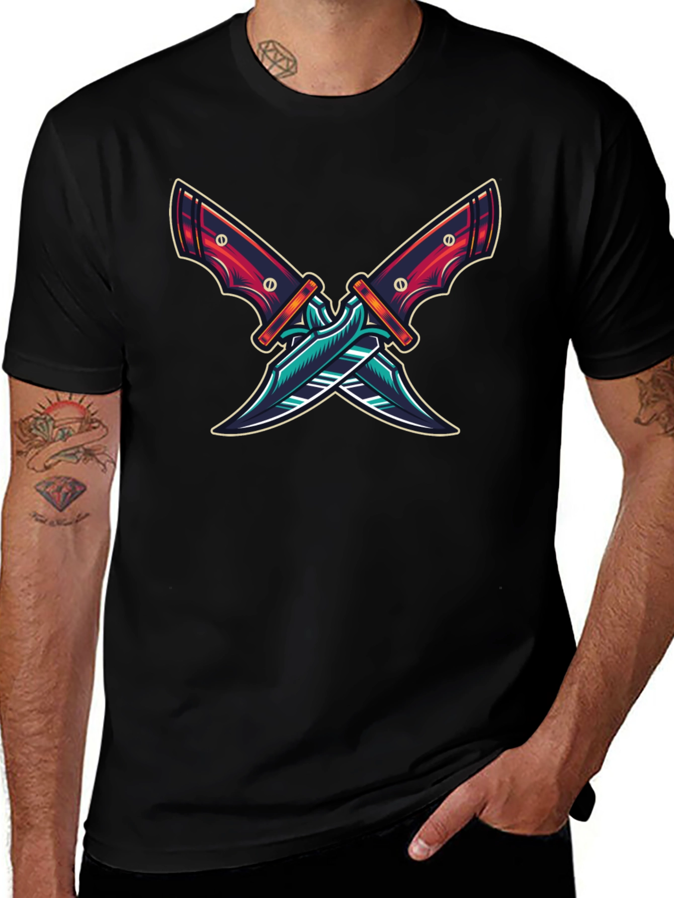 Crossed Blades Graphic T-Shirt - Edgy Design