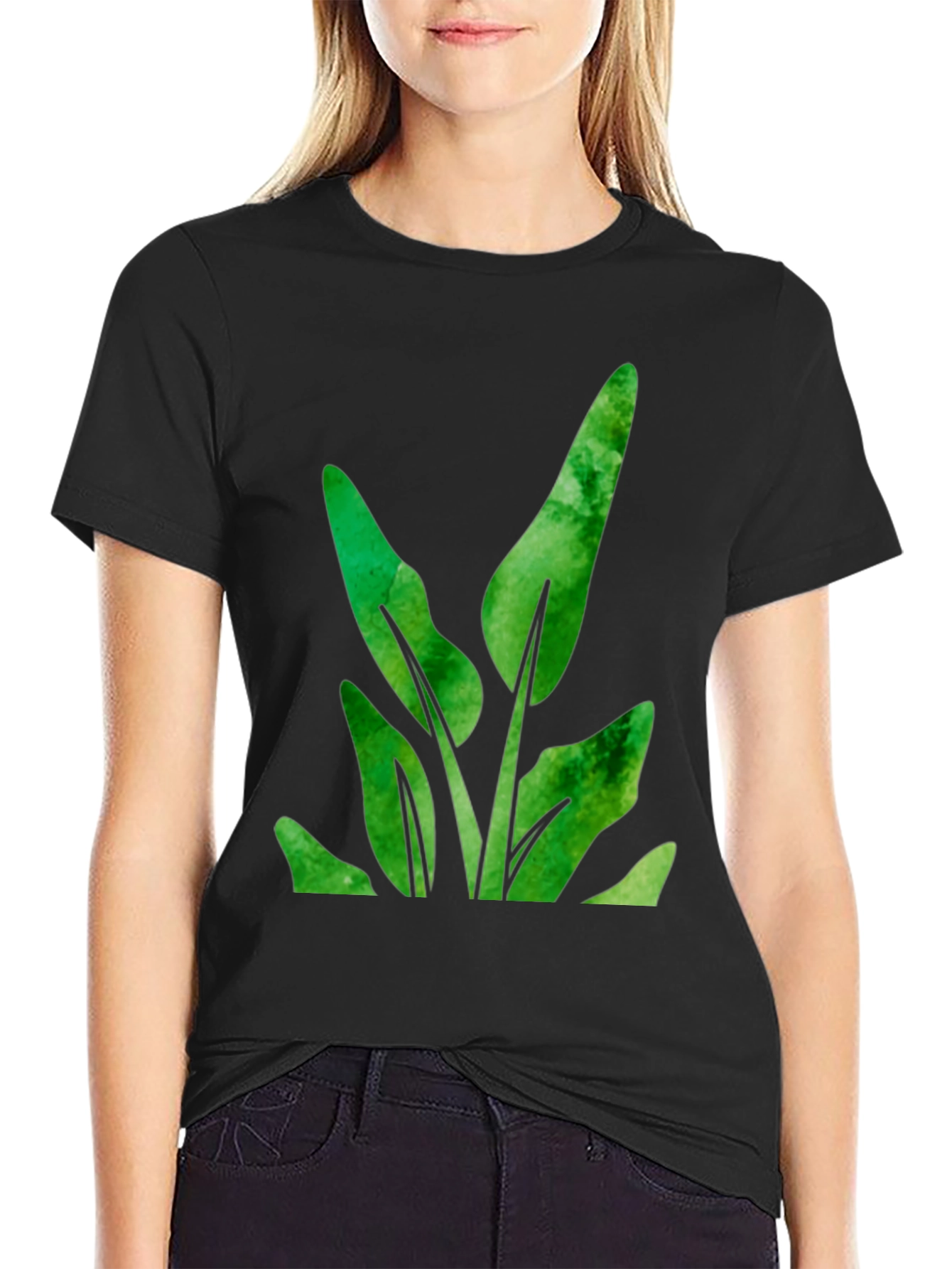 Green Leaf Plant Graphic Black T-Shirt