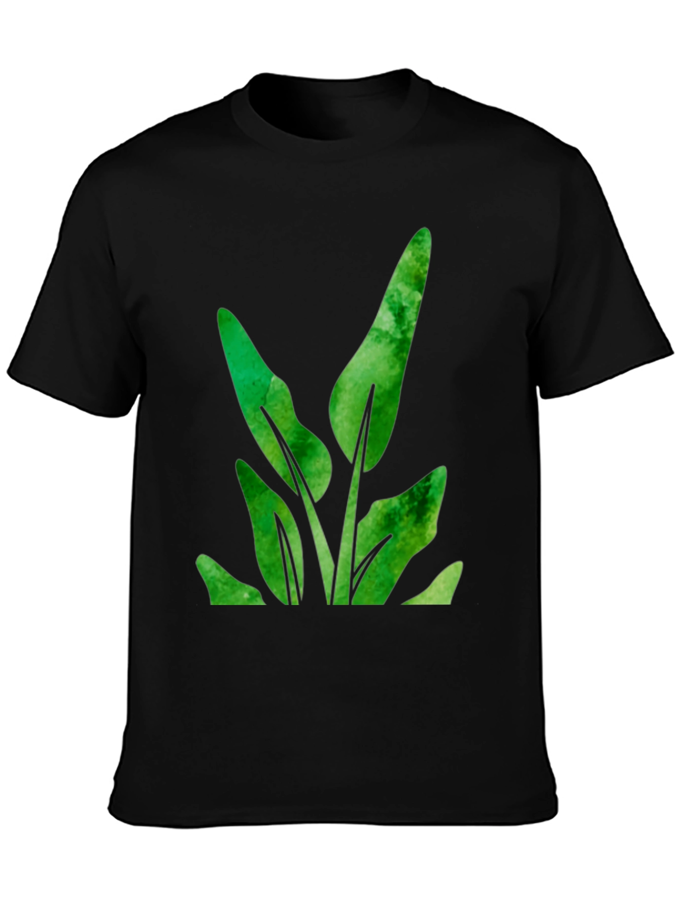 Green Leaf Plant Graphic Black T-Shirt