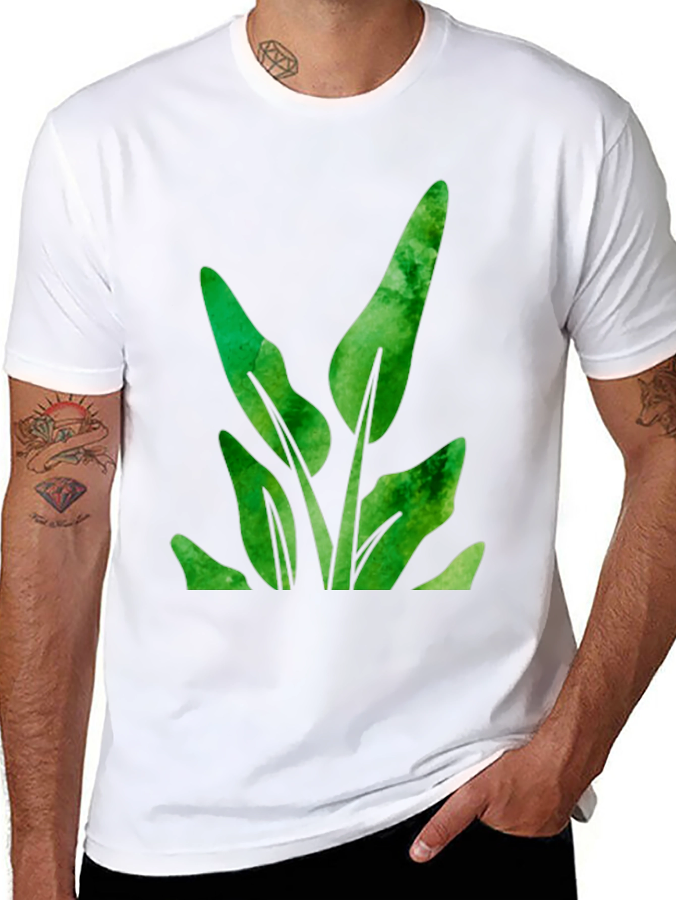 Green Leaf Plant Graphic Black T-Shirt