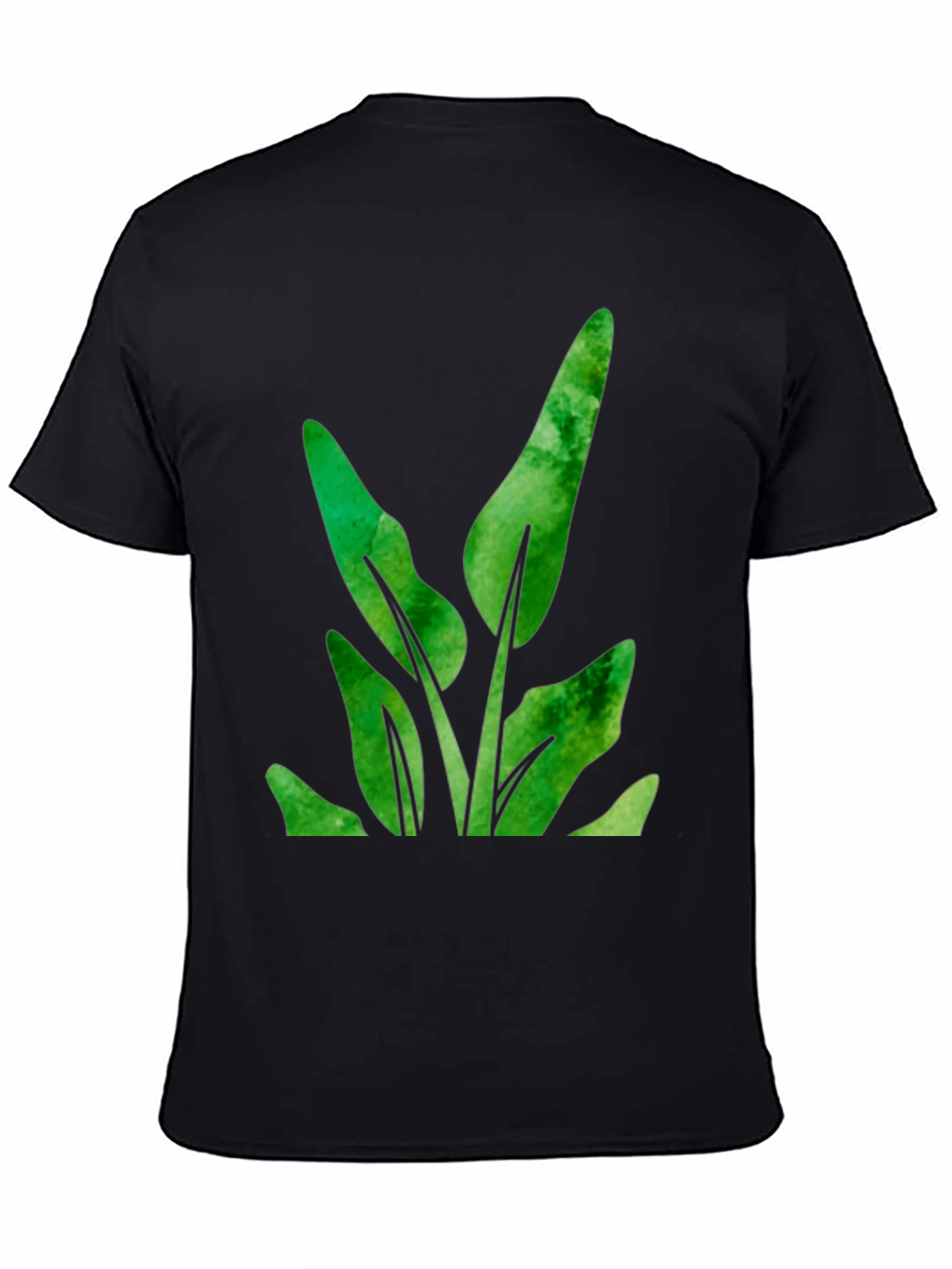 Green Leaf Plant Graphic Black T-Shirt