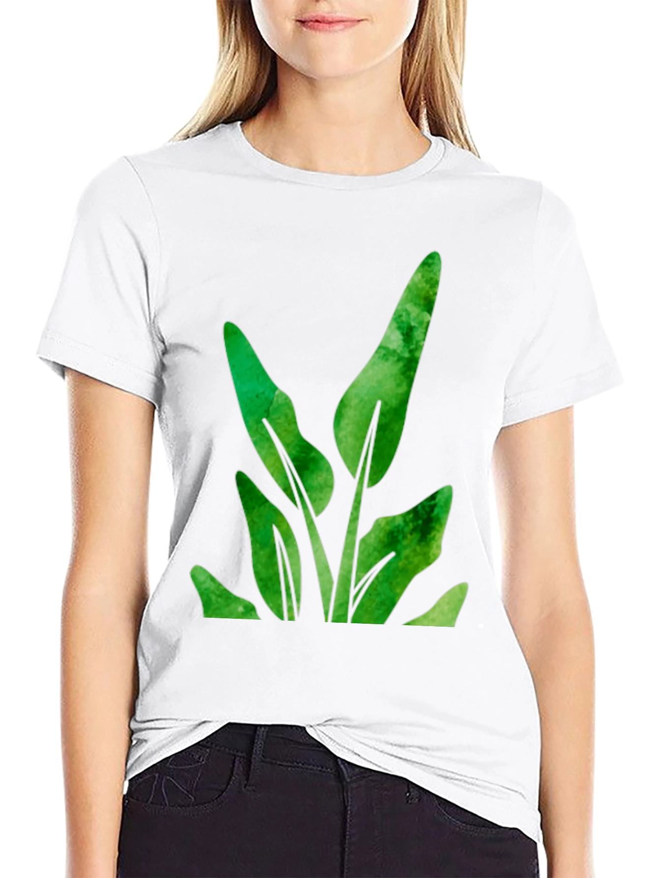 Green Leaf Plant Graphic Black T-Shirt