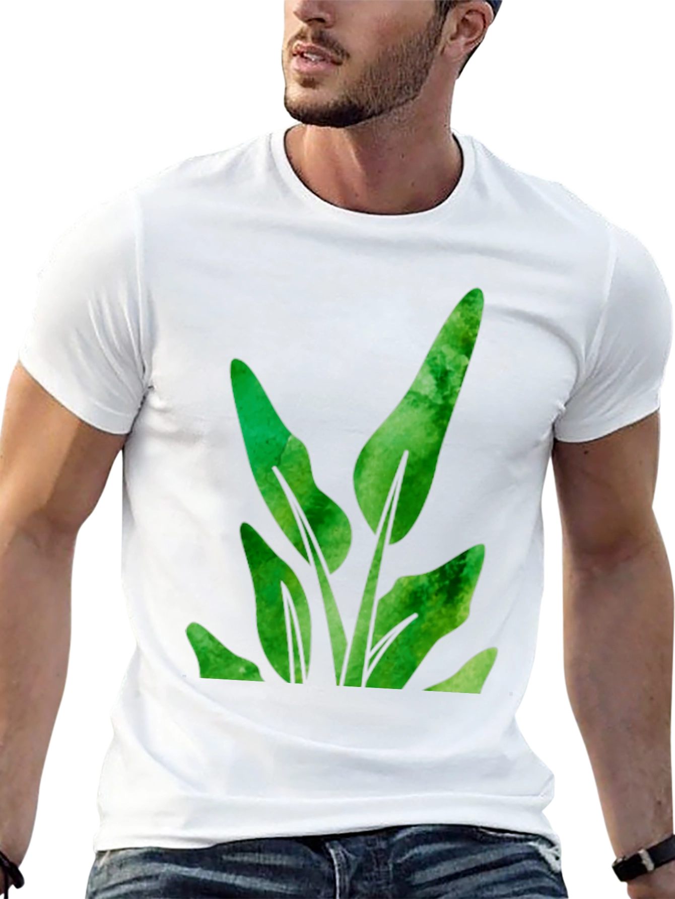 Green Leaf Plant Graphic Black T-Shirt
