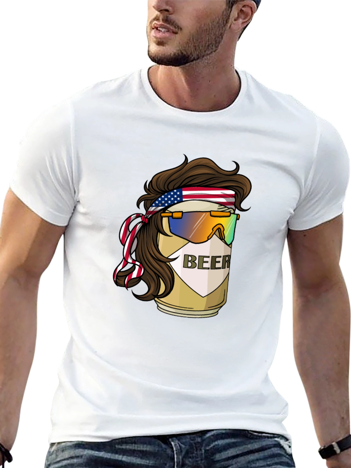 Beer Mullet USA Flag Headband T-Shirt