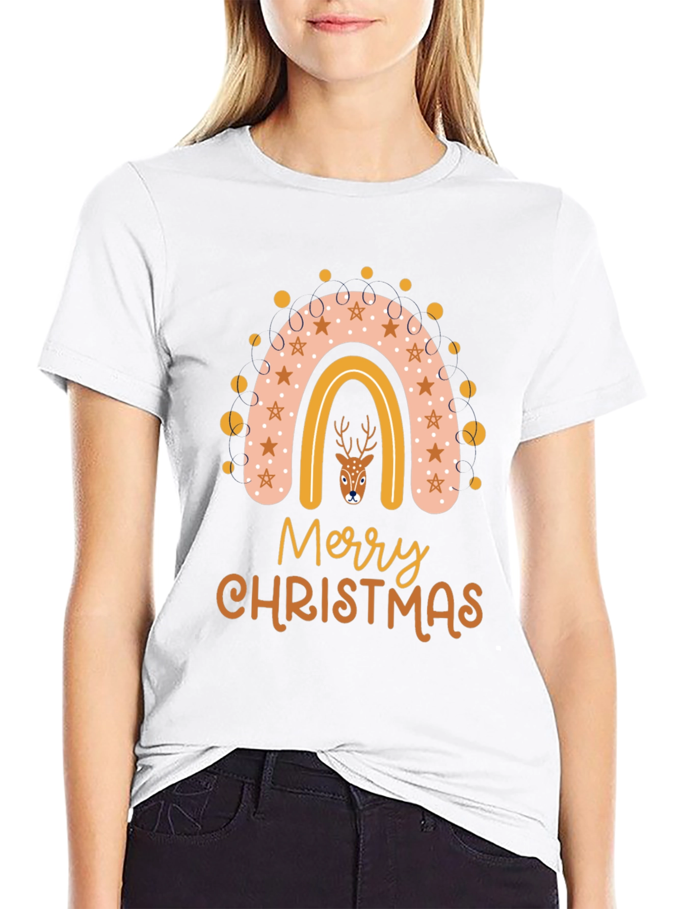 Merry Christmas Deer Rainbow Graphic T-Shirt