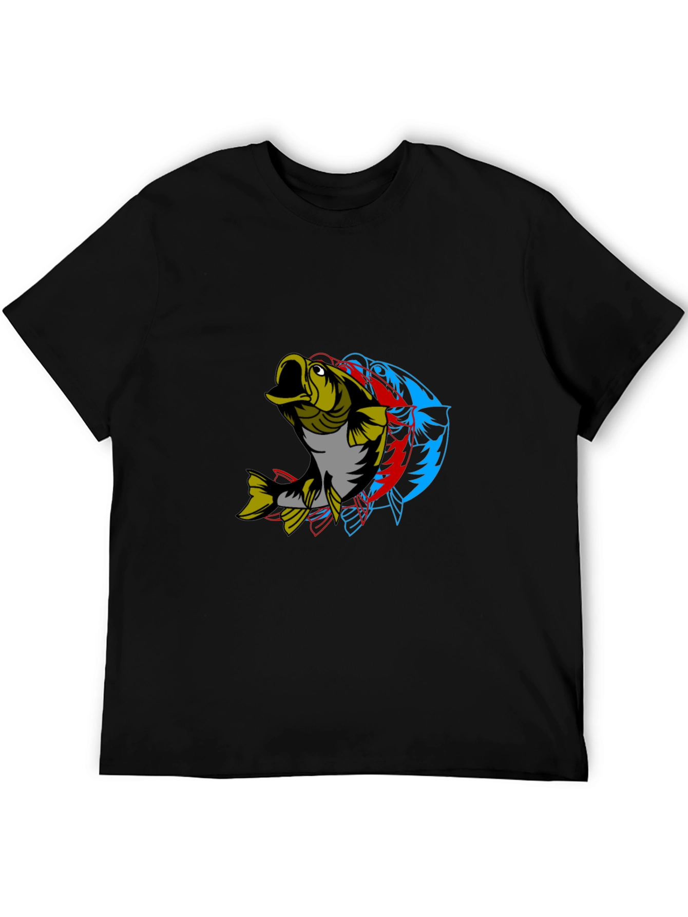 Mens Graphic Tee - 3D Fish Design Black Cotton