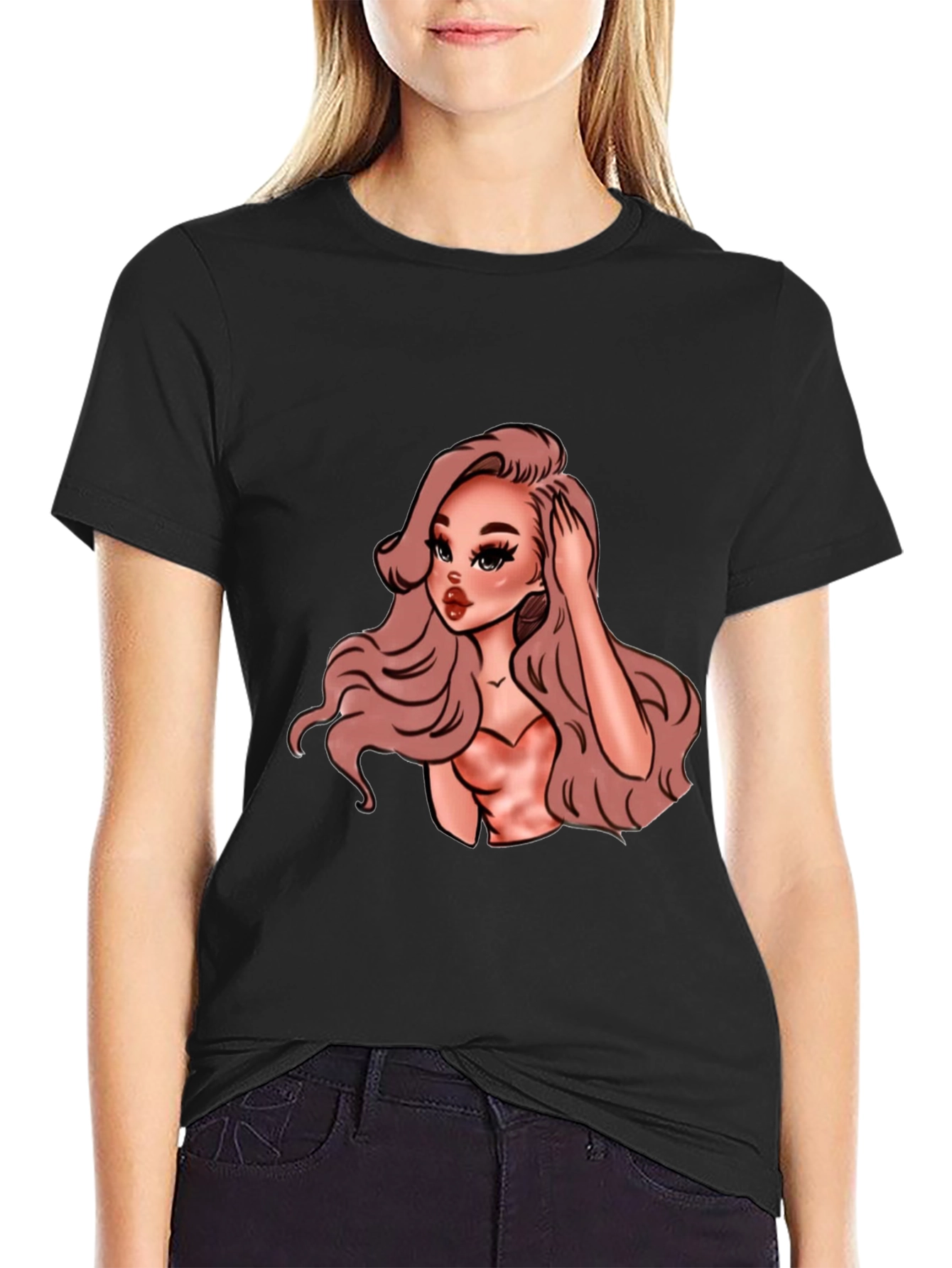 Cartoon Woman Graphic Black T-Shirt