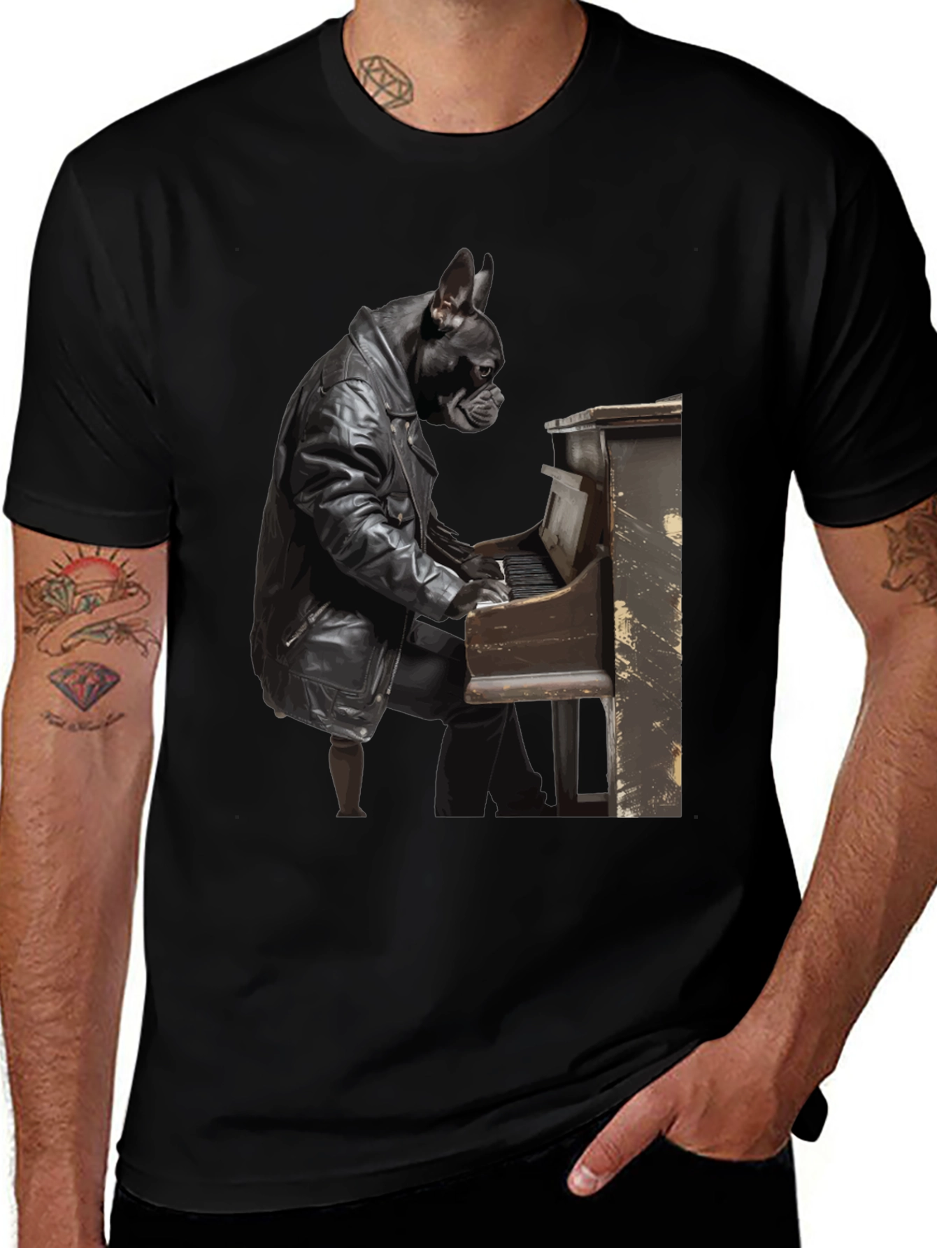 Dog Playing Piano Black T-Shirt