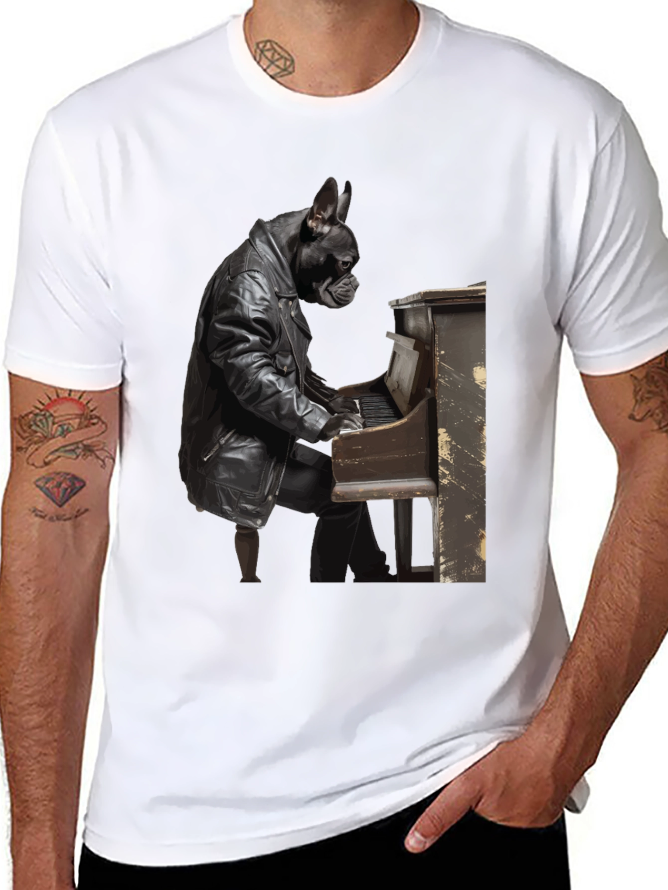 Dog Playing Piano Black T-Shirt