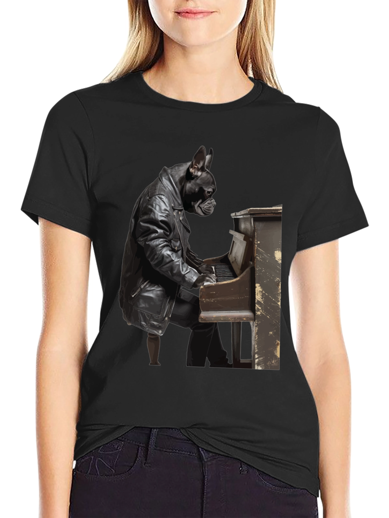 Dog Playing Piano Black T-Shirt