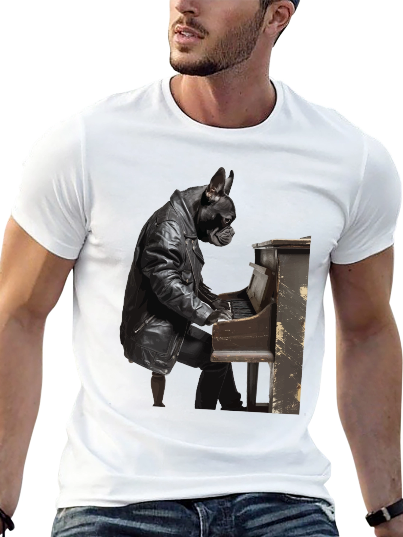 Dog Playing Piano Black T-Shirt