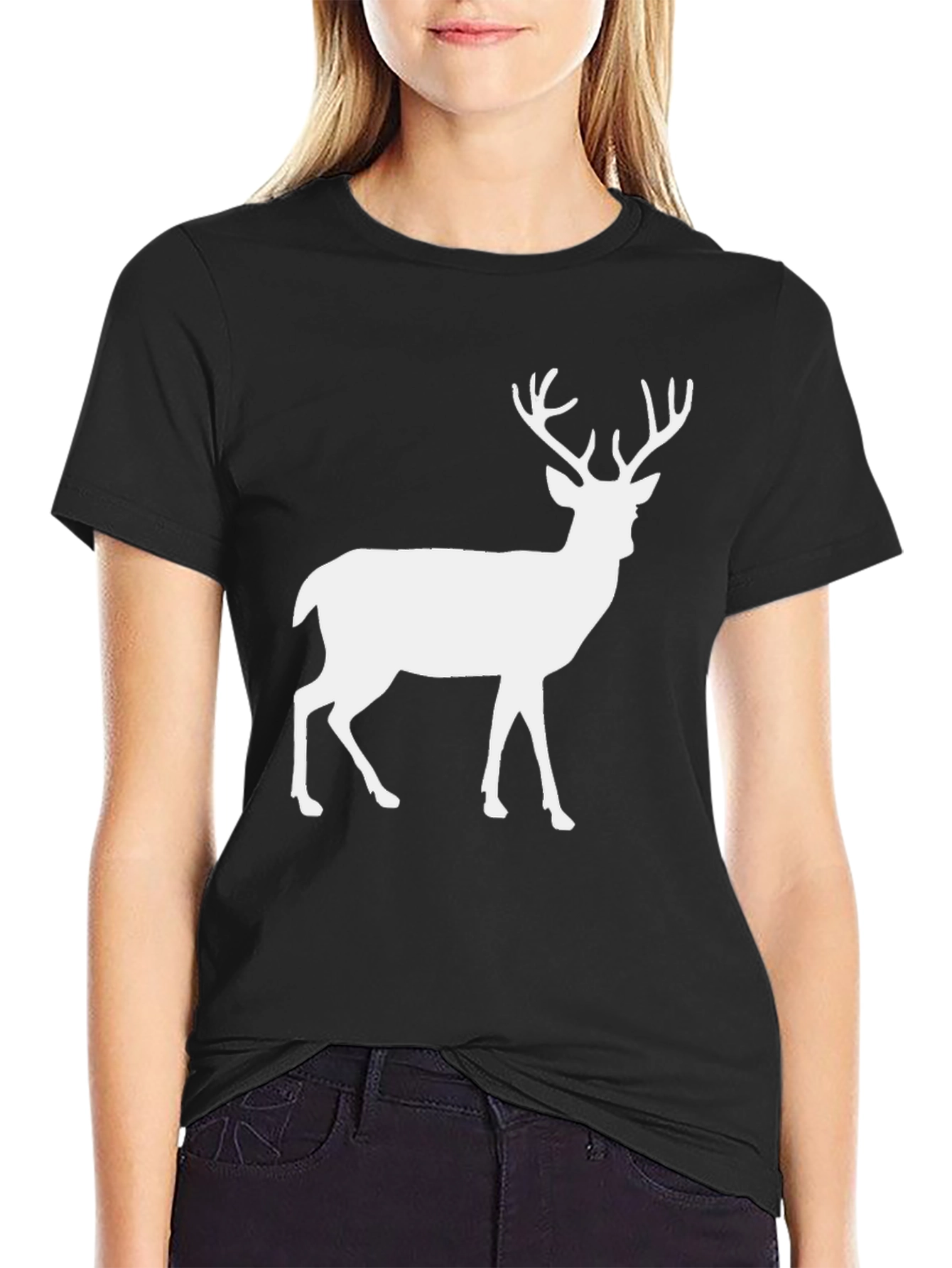 Deer Silhouette Graphic Tee - Black Cotton Blend