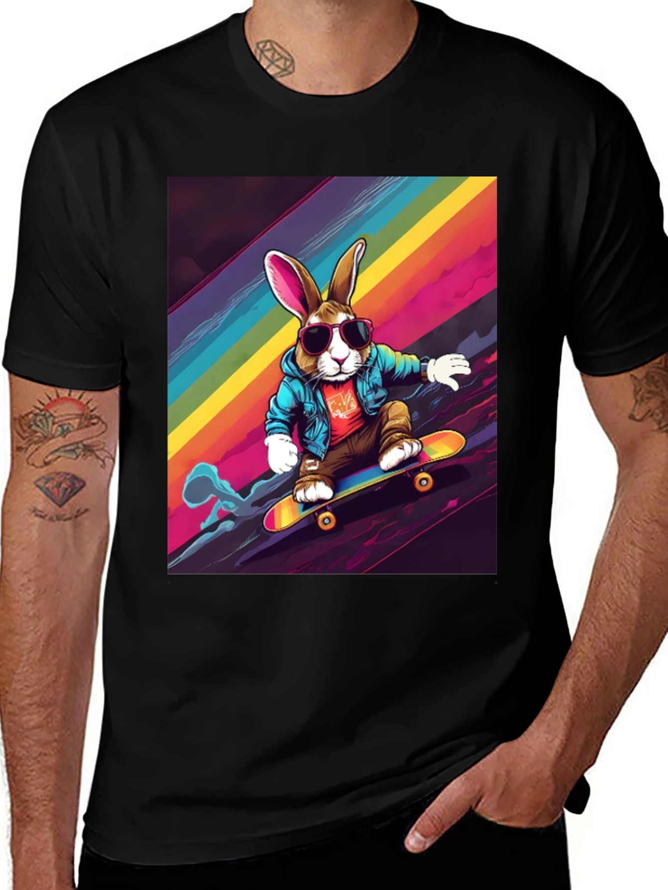 Skateboarding Bunny T-Shirt - Rainbow Graphic Tee