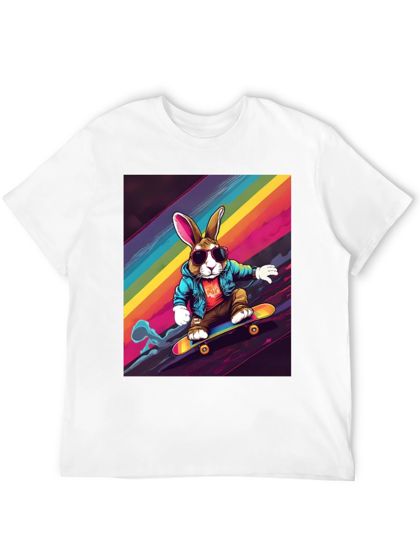 Skateboarding Bunny T-Shirt - Rainbow Graphic Tee
