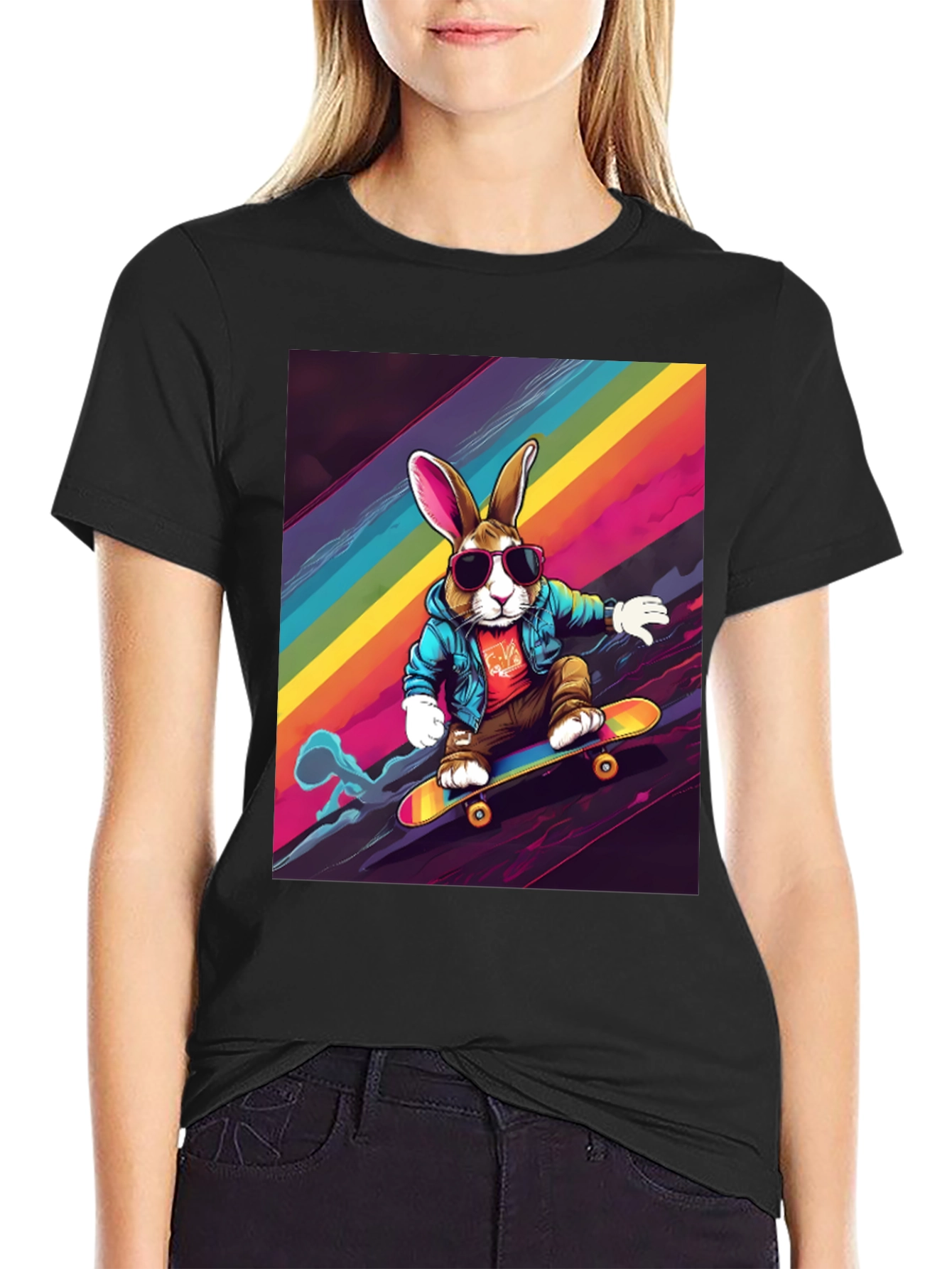 Skateboarding Bunny T-Shirt - Rainbow Graphic Tee