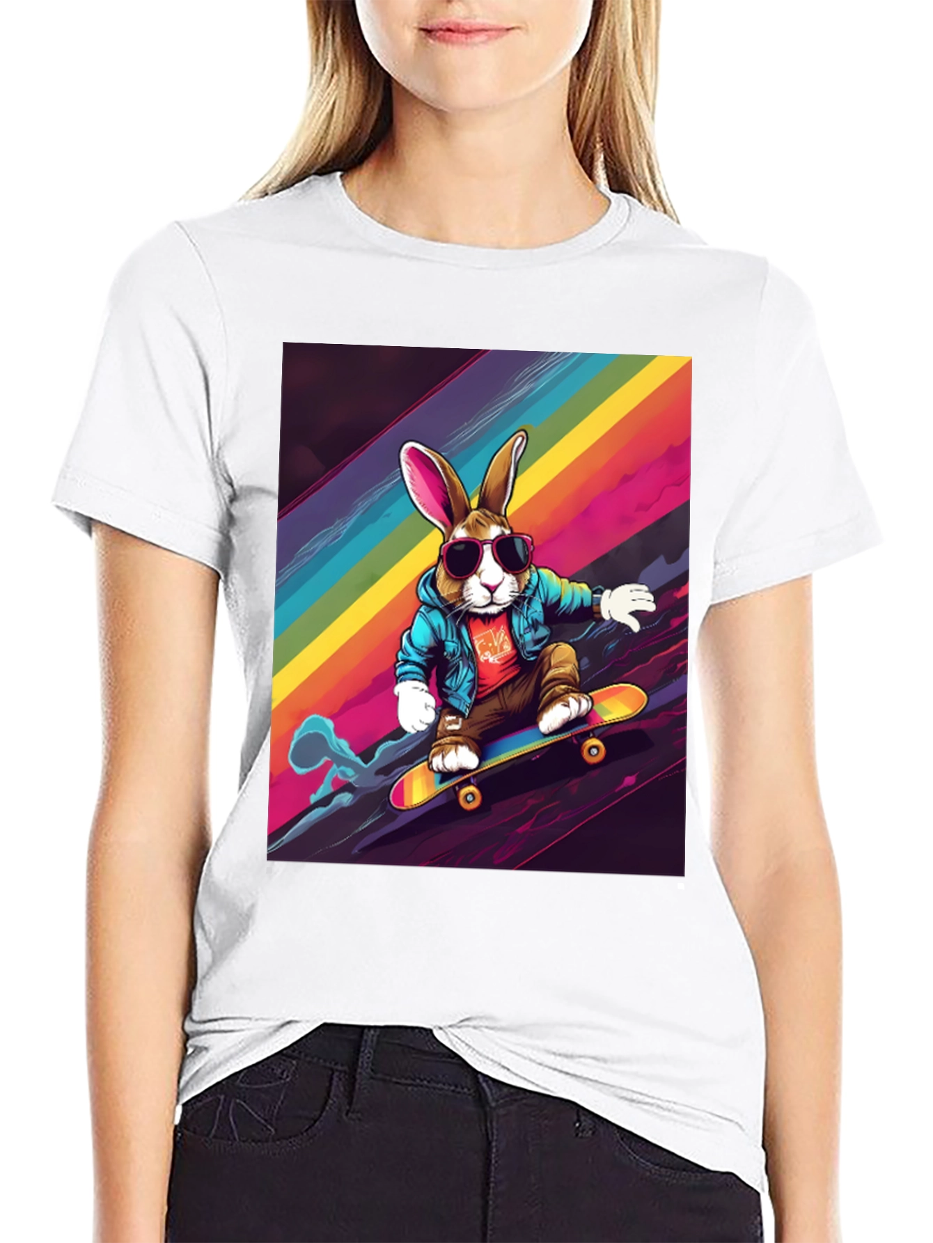 Skateboarding Bunny T-Shirt - Rainbow Graphic Tee