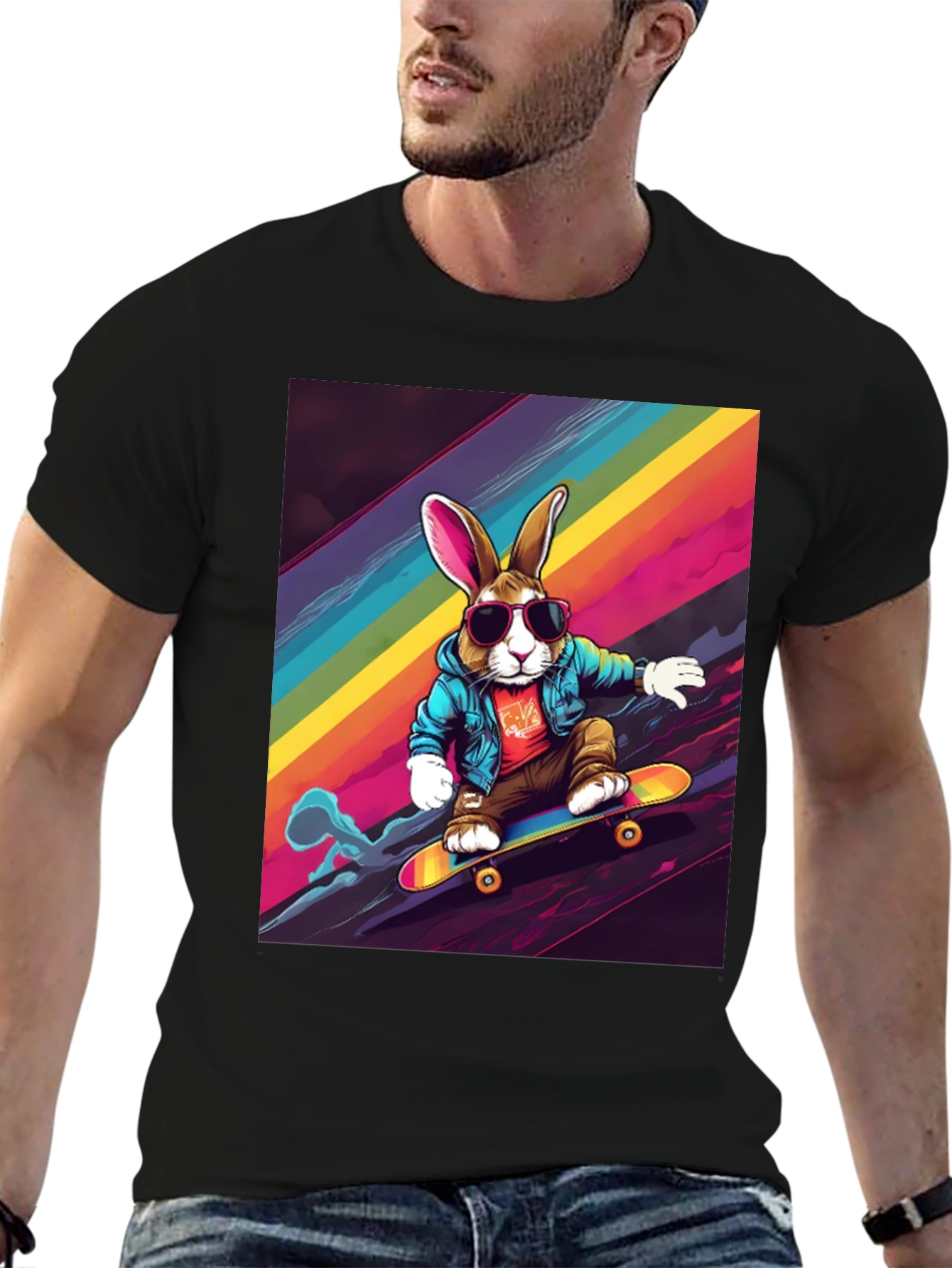 Skateboarding Bunny T-Shirt - Rainbow Graphic Tee
