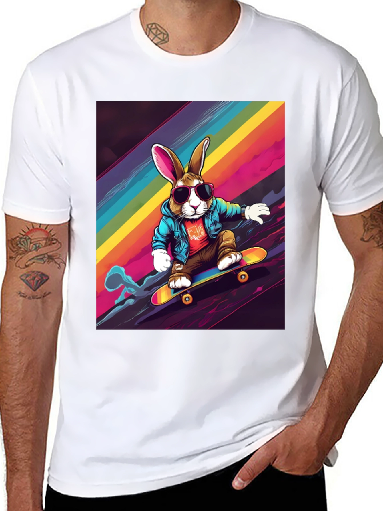 Skateboarding Bunny T-Shirt - Rainbow Graphic Tee