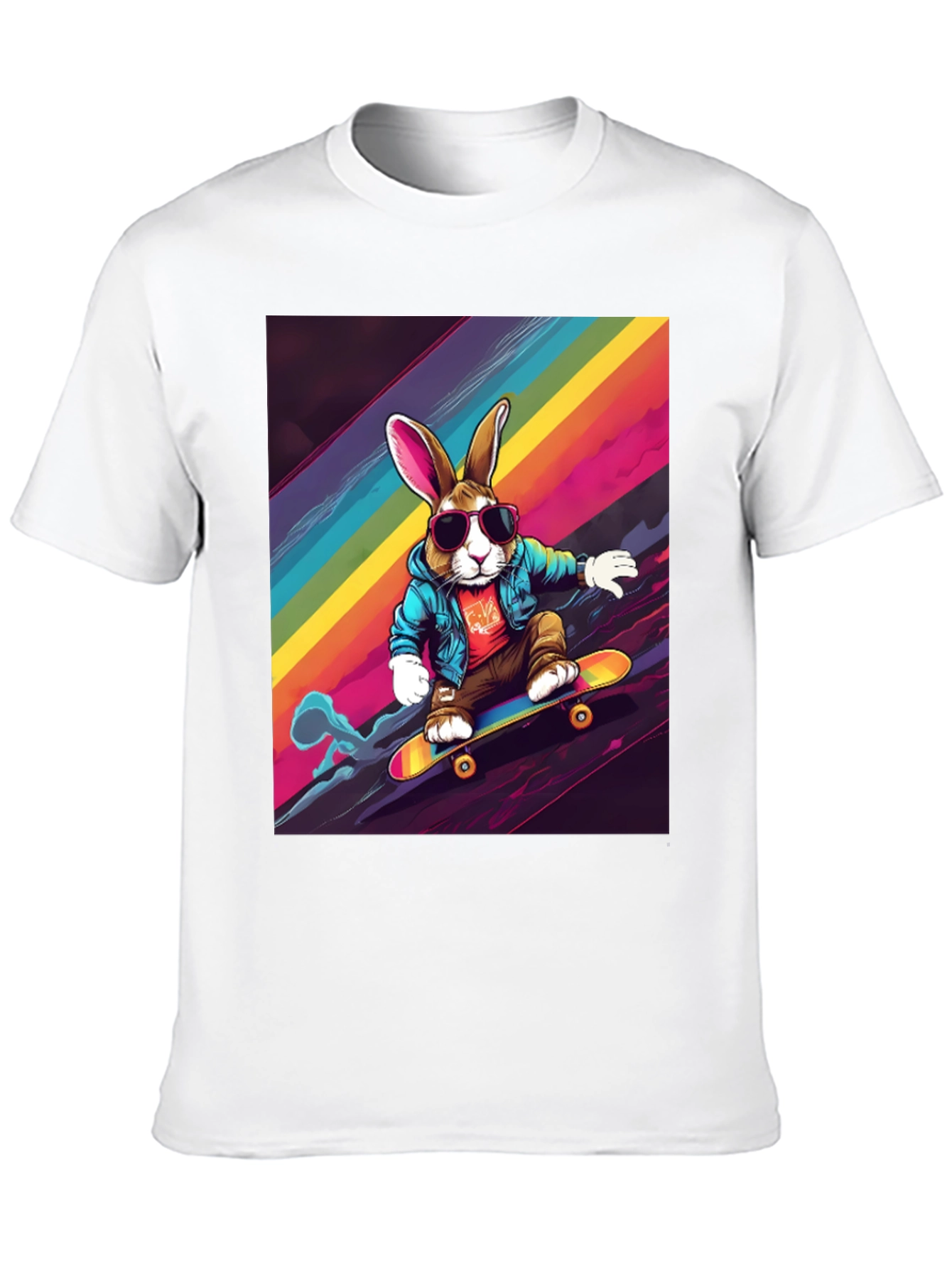 Skateboarding Bunny T-Shirt - Rainbow Graphic Tee