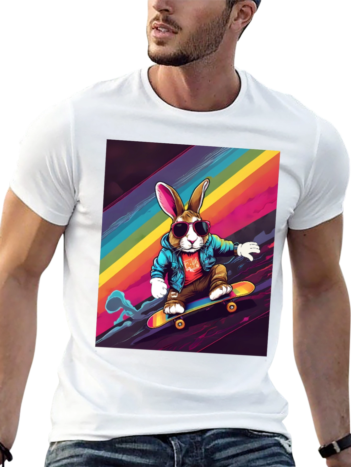Skateboarding Bunny T-Shirt - Rainbow Graphic Tee