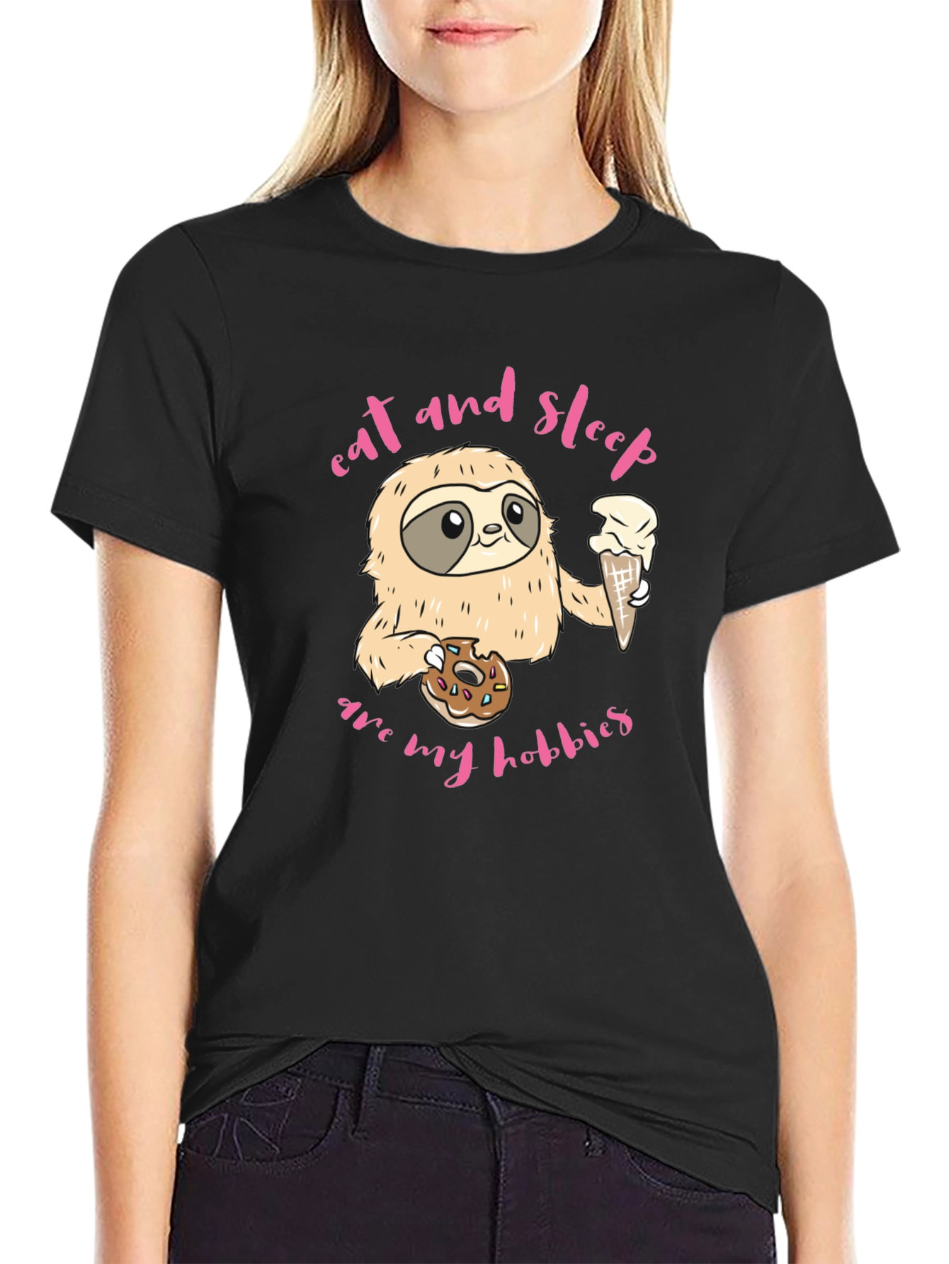 Sloth Eat Sleep Hobbies Black Graphic Tee Shirt